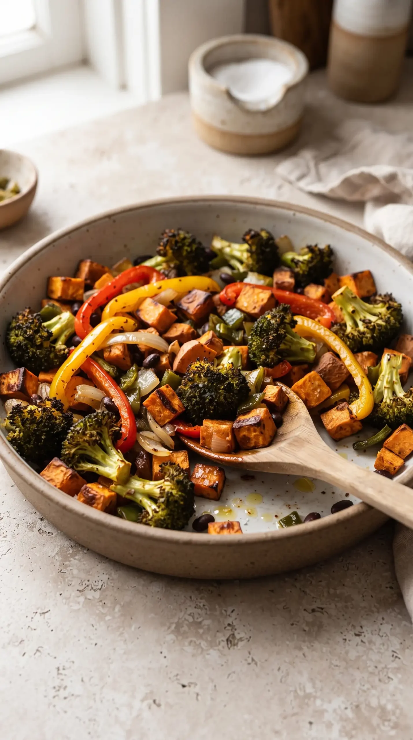 Roasted broccoli, sweet potato, bell pepper, and onion filling for veggie enchiladas