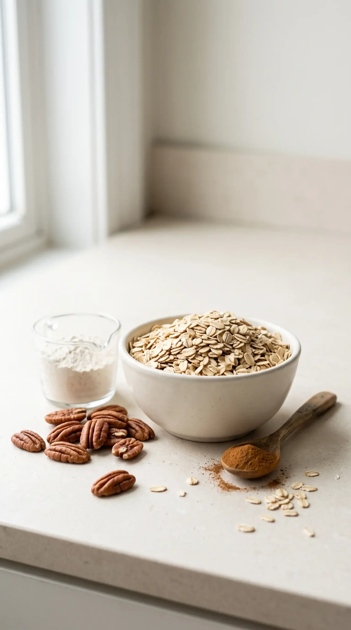 Rolled oats, pecans, flour, and cinnamon prepared for homemade granola