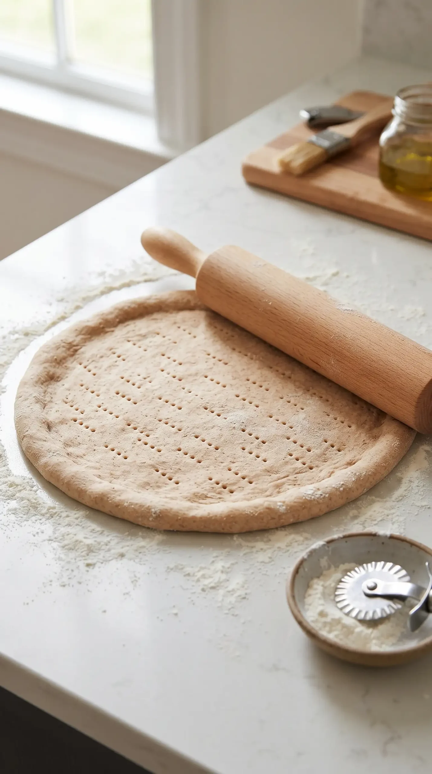 Whole wheat pizza dough rolled into an even round crust with small fork holes.