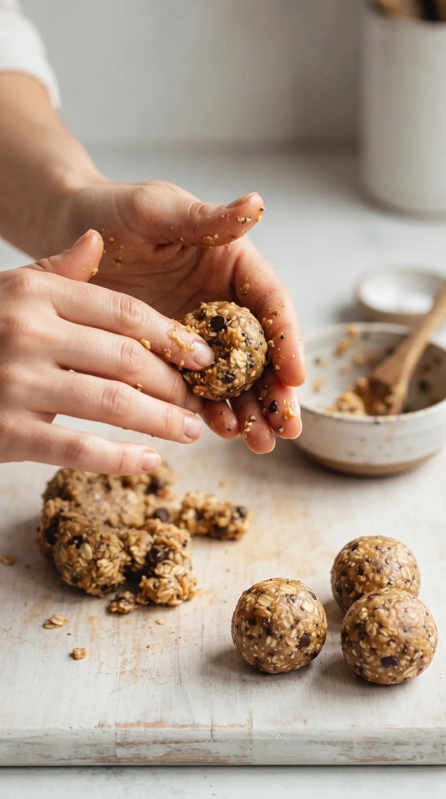 Hands rolling oatmeal cookie dough bites from a sticky oat coconut mixture