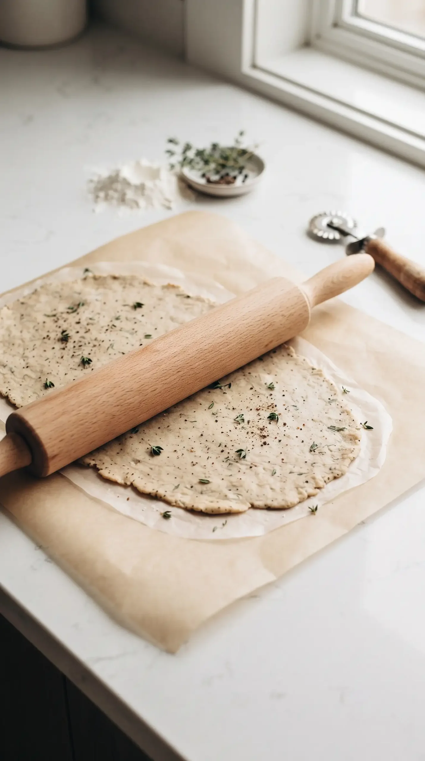 Thin herb cracker dough rolled on parchment paper before baking