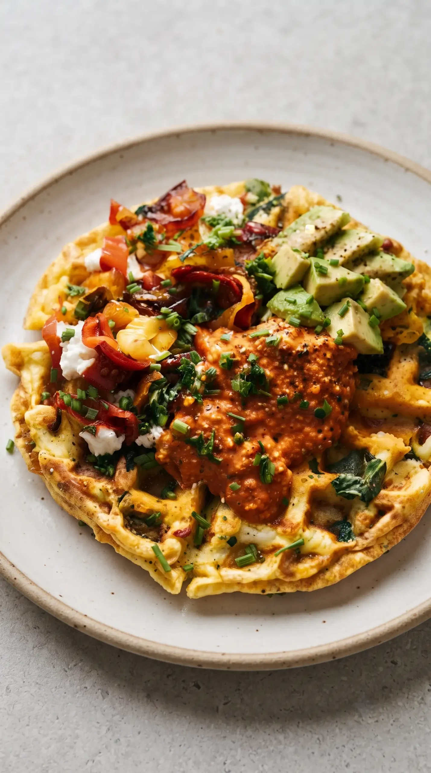 Egg waffle topped with romesco sauce, goat cheese, peppers, avocado, and chives