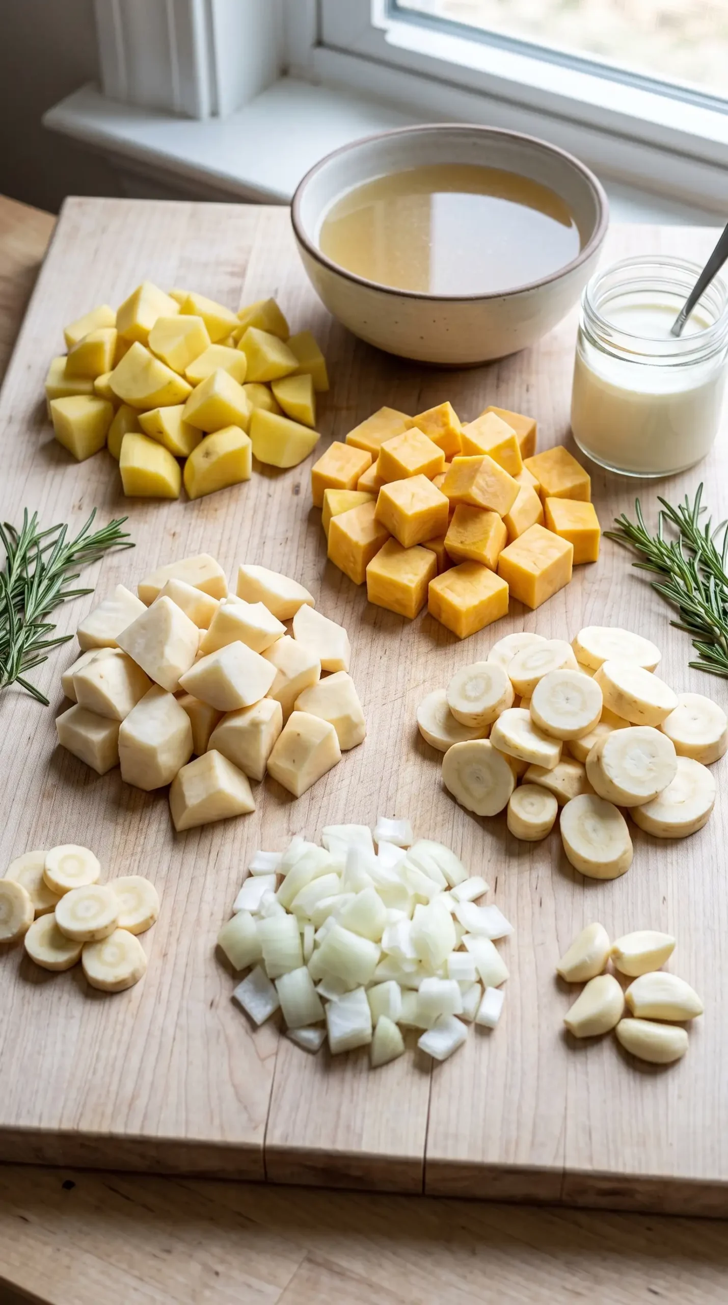 Ingredients for root vegetable stew with potatoes, rutabaga, turnips, parsnips, and rosemary