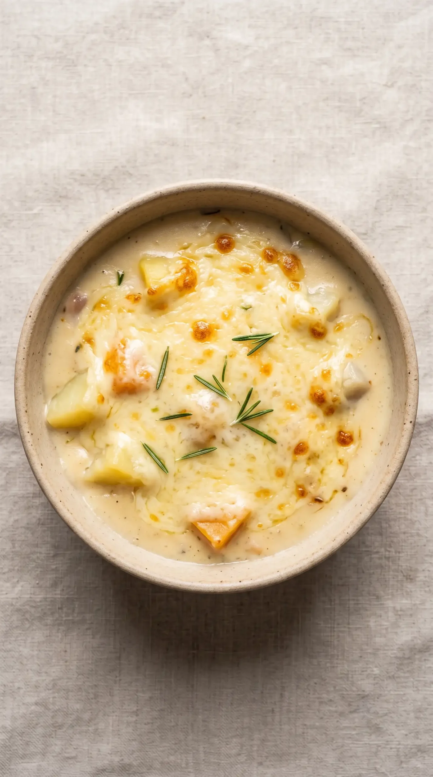 Creamy root vegetable stew topped with melted Swiss cheese and rosemary
