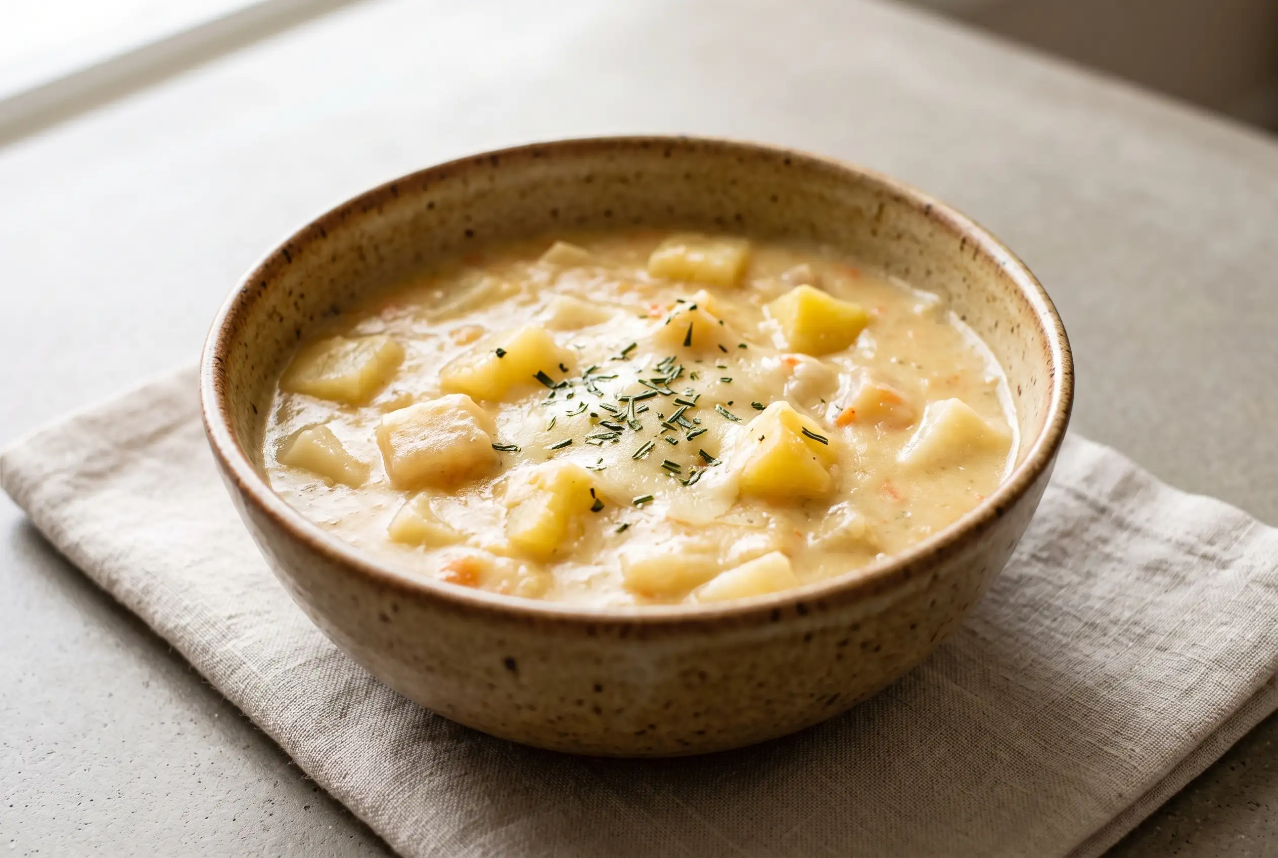 Root vegetable stew with potatoes, rutabaga, turnips, and parsnips in a creamy bowl
