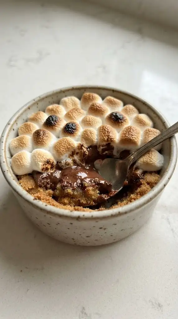 Professional food photography close-up of a single deep dish s'mores bowl in a small ceramic ramekin, showing the complete baked dessert structure with a graham cracker cookie base, a visible melted chocolate layer, and toasted mini marshmallows on top. The spoon is gently placed into the dessert to reveal the soft interior and melted chocolate beneath the browned marshmallow surface. Natural kitchen lighting, realistic textures, simple neutral countertop background, centered composition, no extra servings or decorative clutter.