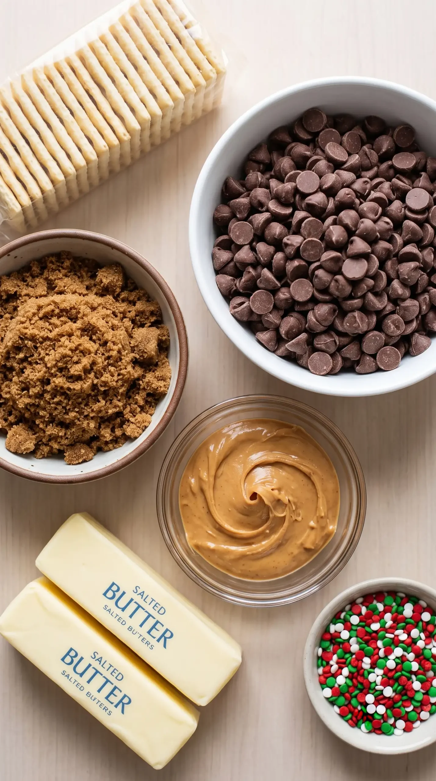 Ingredients for saltine toffee with crackers, brown sugar, butter, peanut butter, chocolate chips, and sprinkles