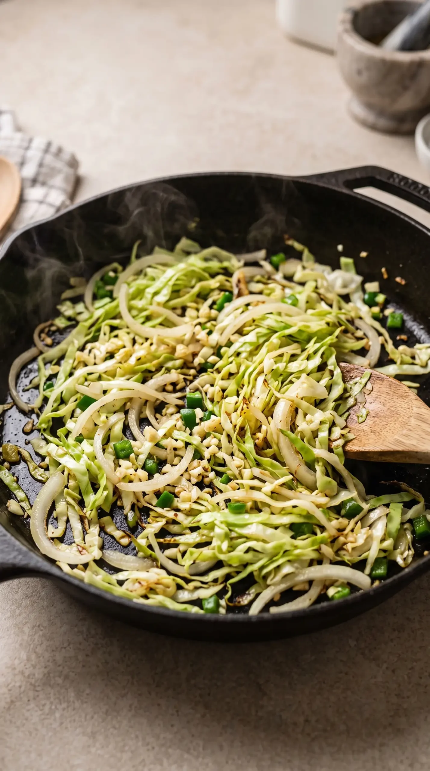 Green cabbage sautéing with onion, garlic, and jalapeño for Thai lentil sweet potato curry