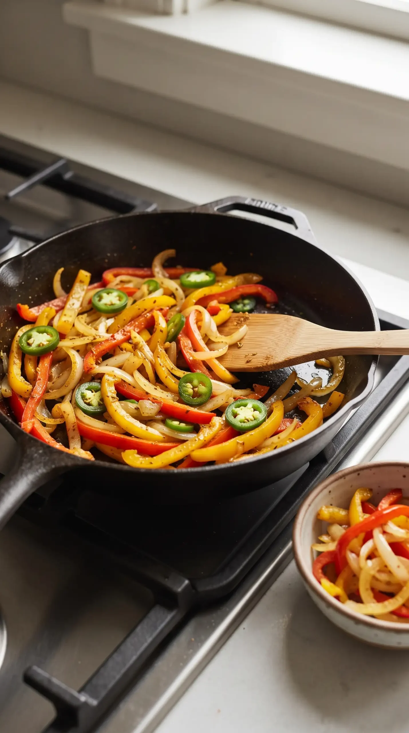 Sautéed bell peppers, onions, and jalapeños prepared for chicken quinoa casserole
