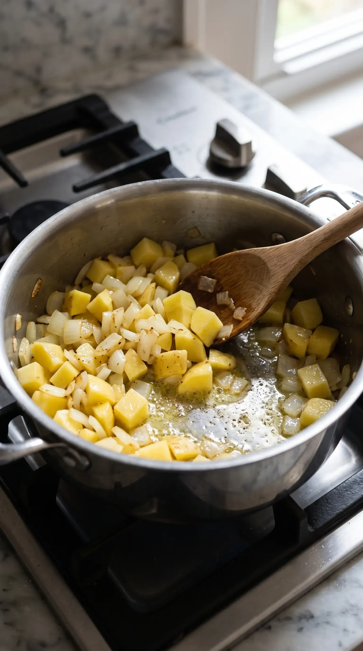 Onions and potatoes sautéing in butter as the base for potato kale soup