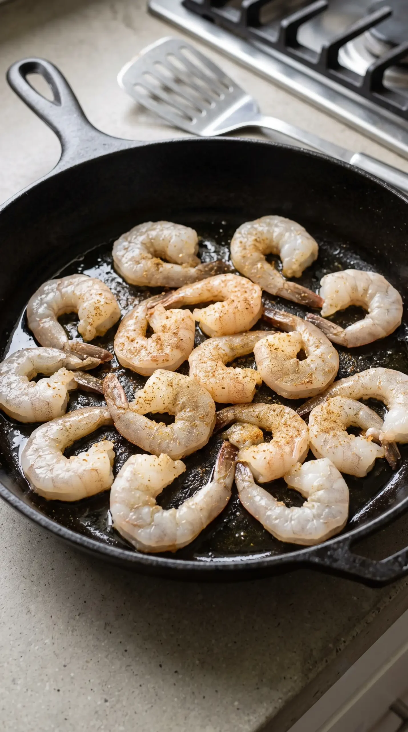 Seasoned shrimp sautéing in a skillet before adding creamy chipotle sauce
