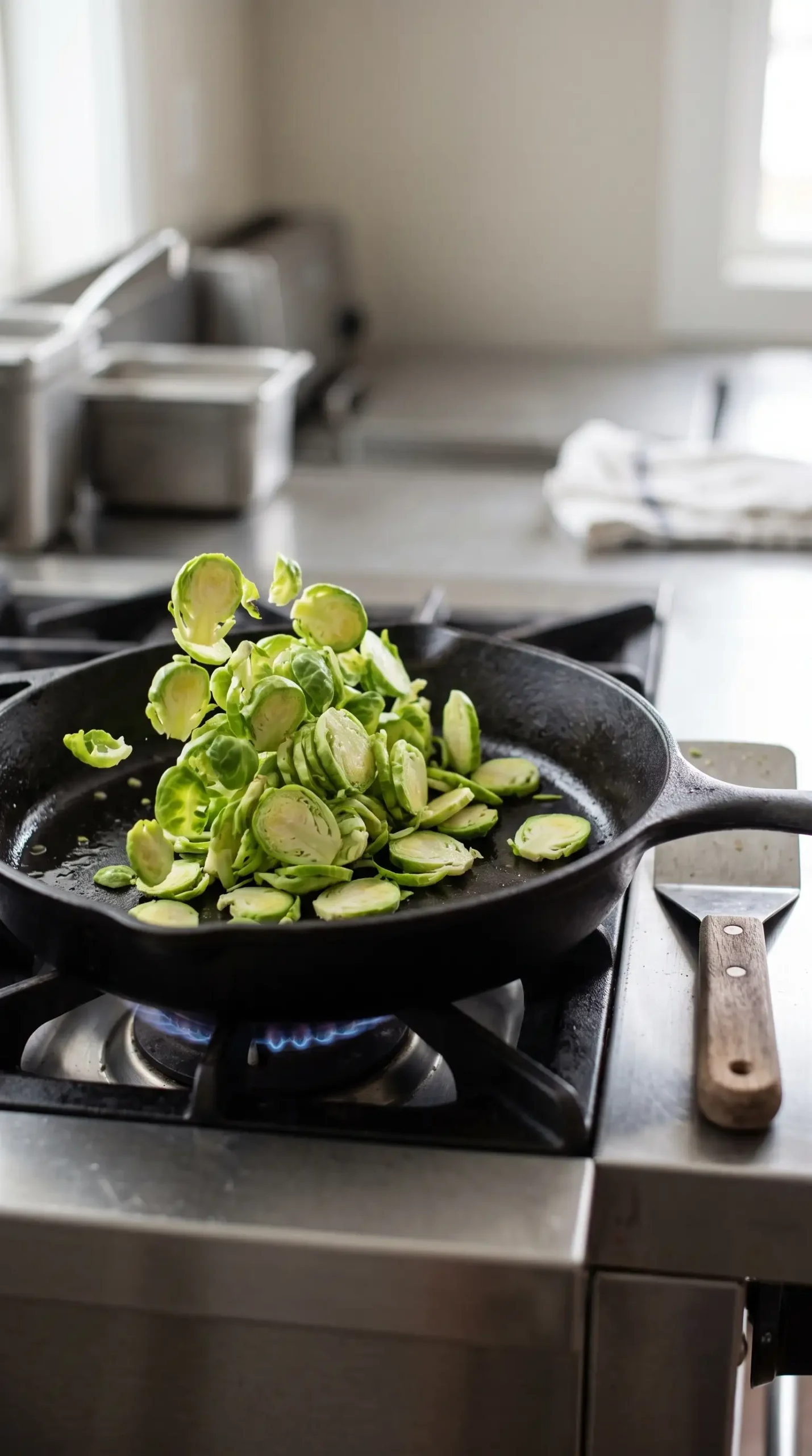 Sliced Brussels sprouts sautéing in a skillet for a warm salad preparation