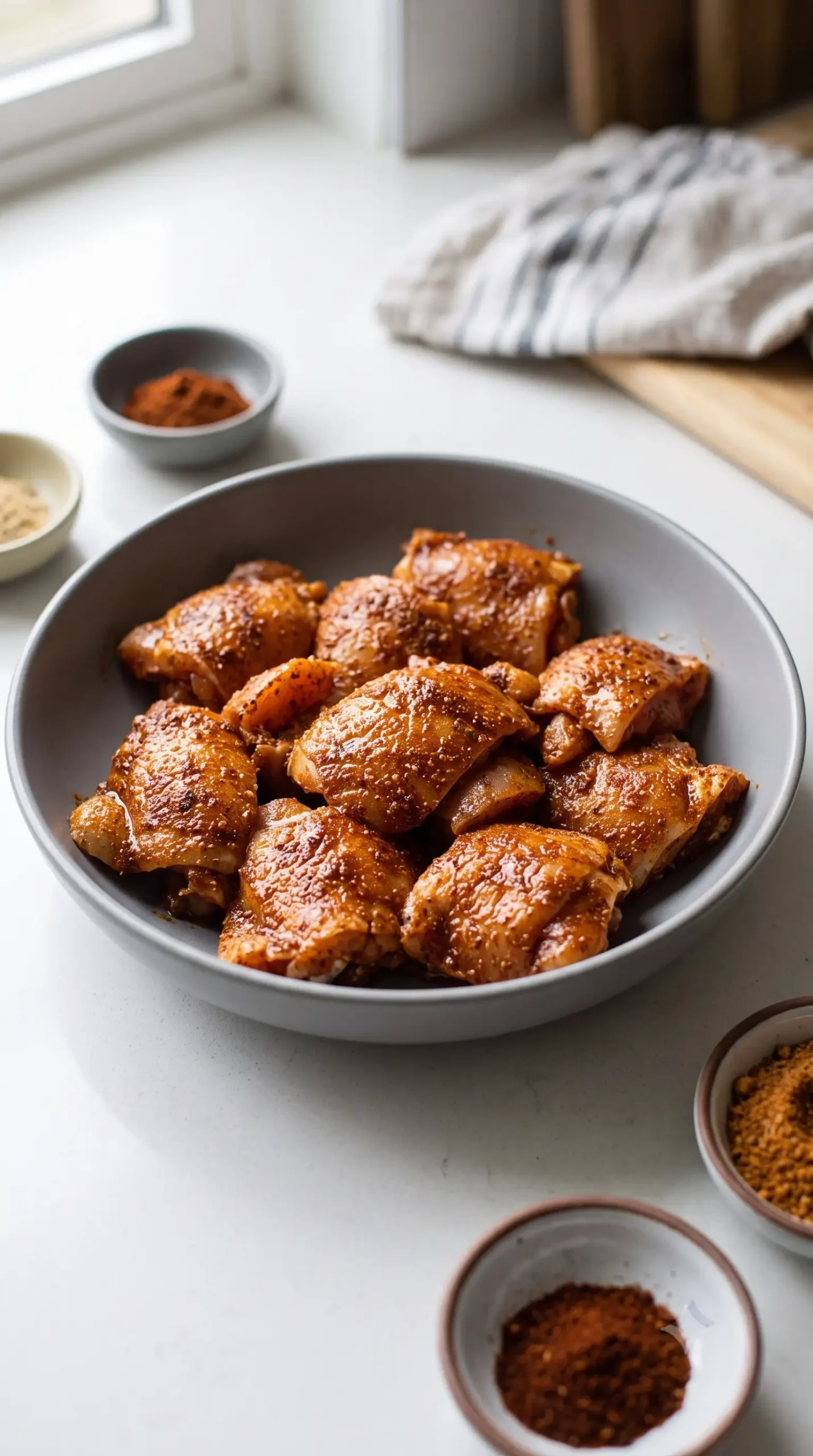 Raw chicken thighs coated with chipotle seasoning and olive oil before cooking