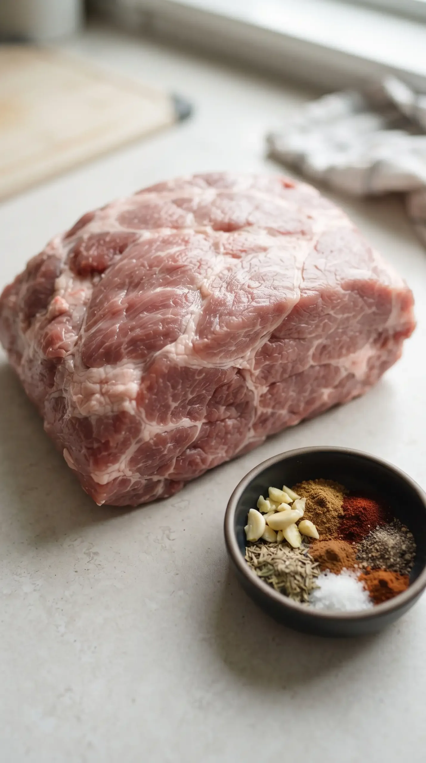 Raw pork shoulder with carnitas seasoning ingredients prepared for slow cooking