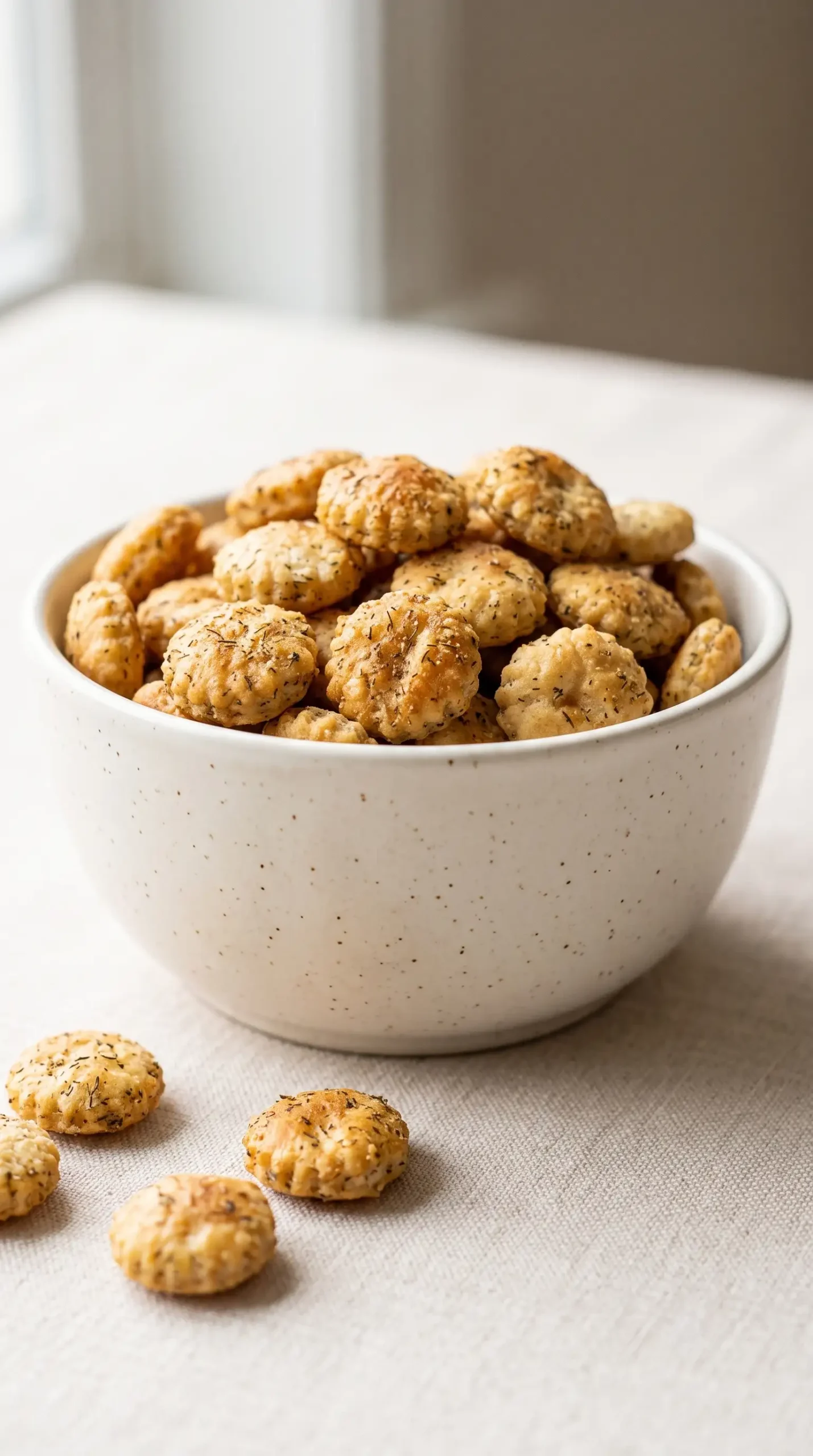 Close-up of ranch crackers showing dill flecks and seasoned oyster cracker texture