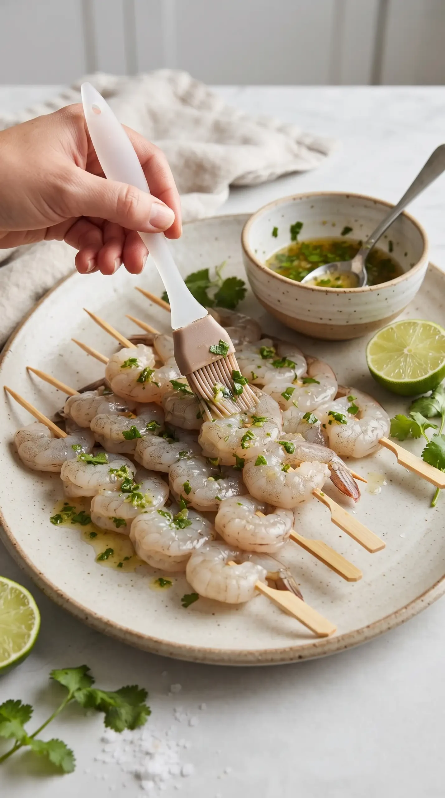 Jumbo shrimp on skewers brushed with olive oil, lime juice, and salt before grilling
