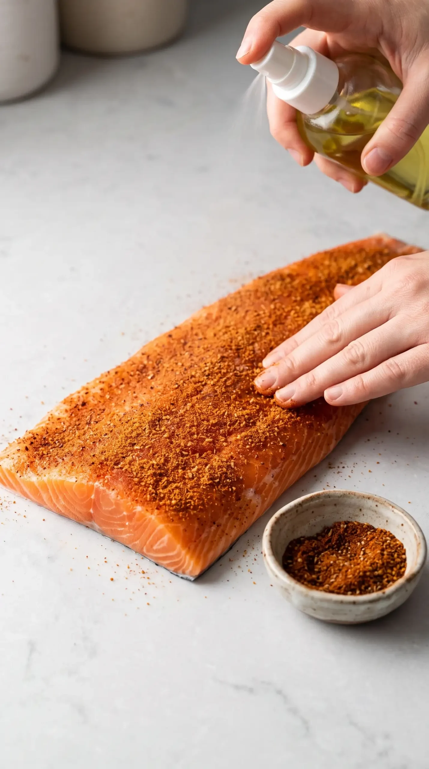 Salmon fillet coated with chipotle seasoning and spices before cooking