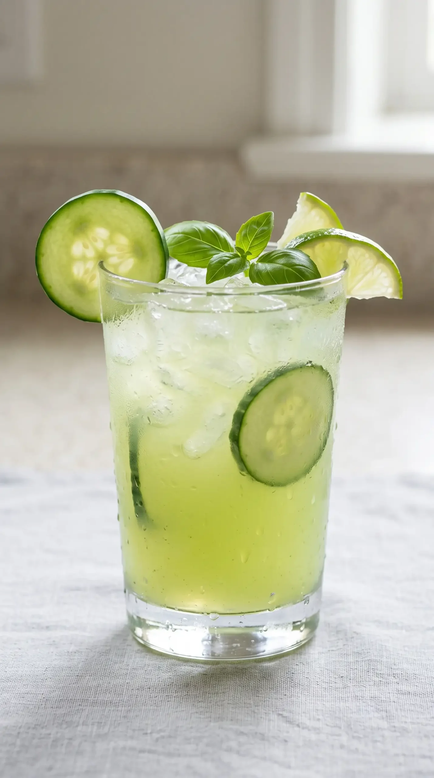 Chilled cucumber agua fresca with ice, cucumber slice, basil, and lime garnish