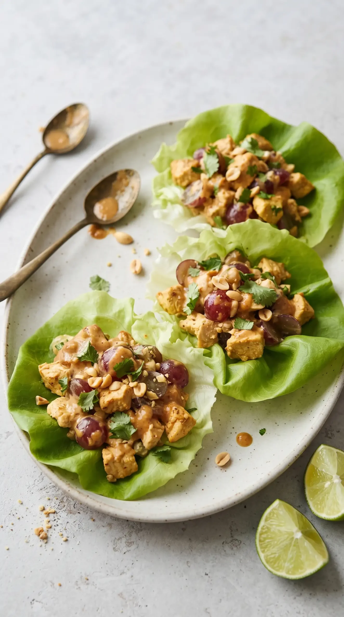 Platter of chicken lettuce wraps with creamy miso peanut filling, grapes, and lime wedges