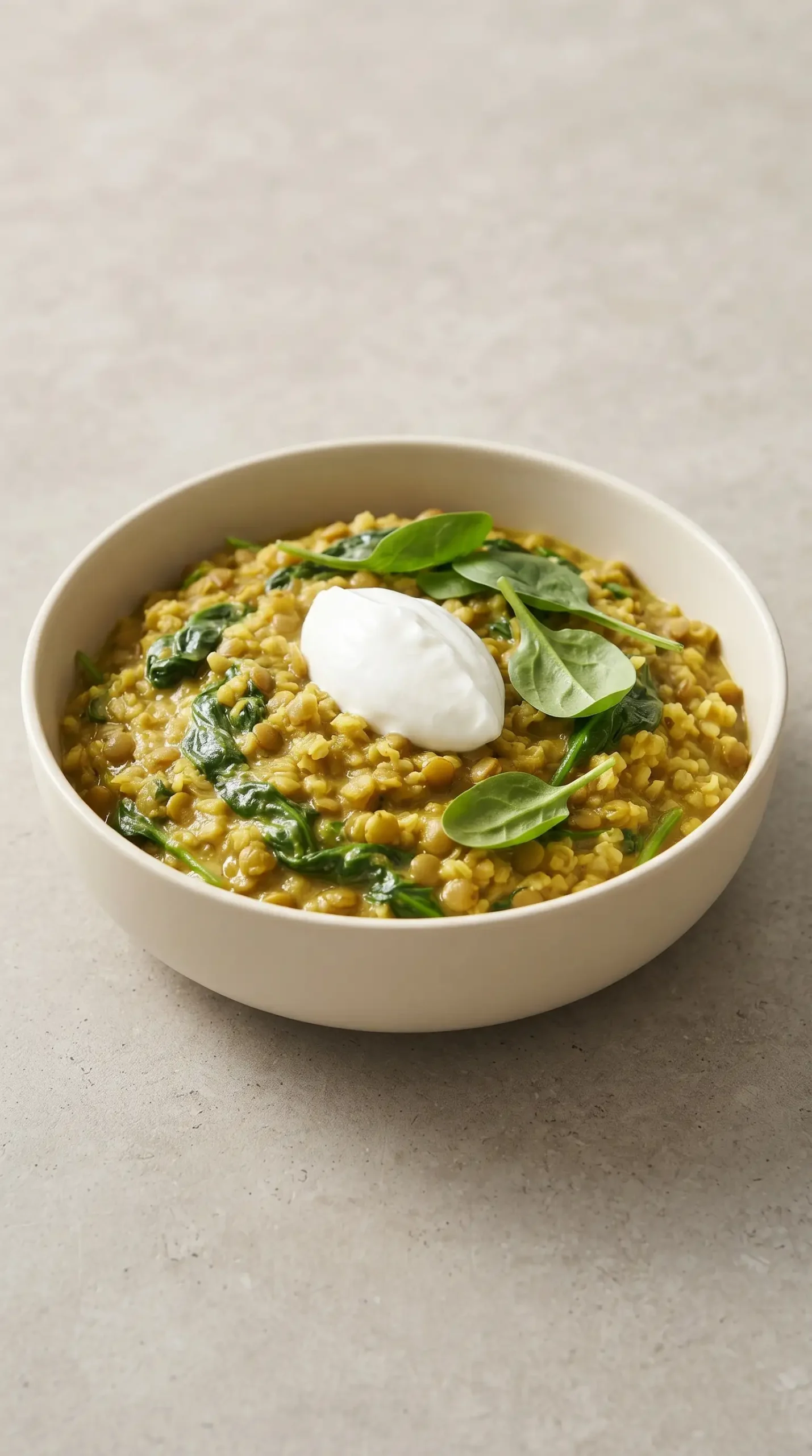 Bowl of coconut green curry lentils with bulgur topped with Greek yogurt and fresh spinach