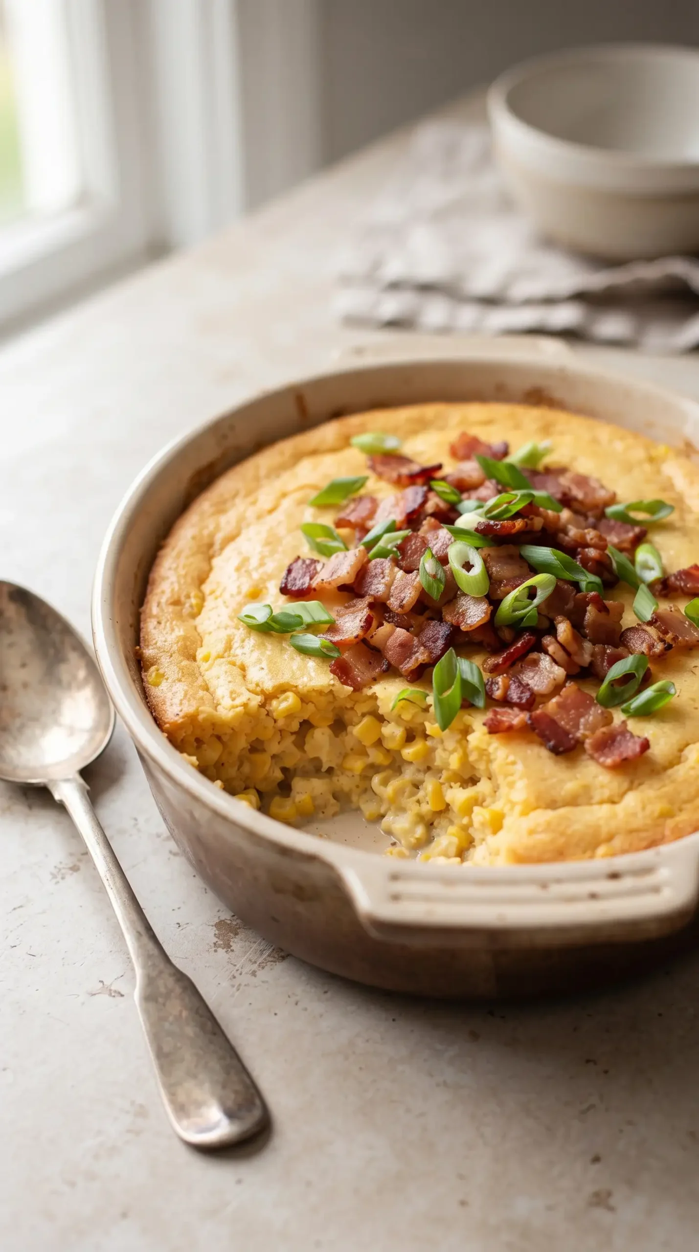 Finished creamy baked corn casserole with golden top, bacon pieces, and sliced scallions