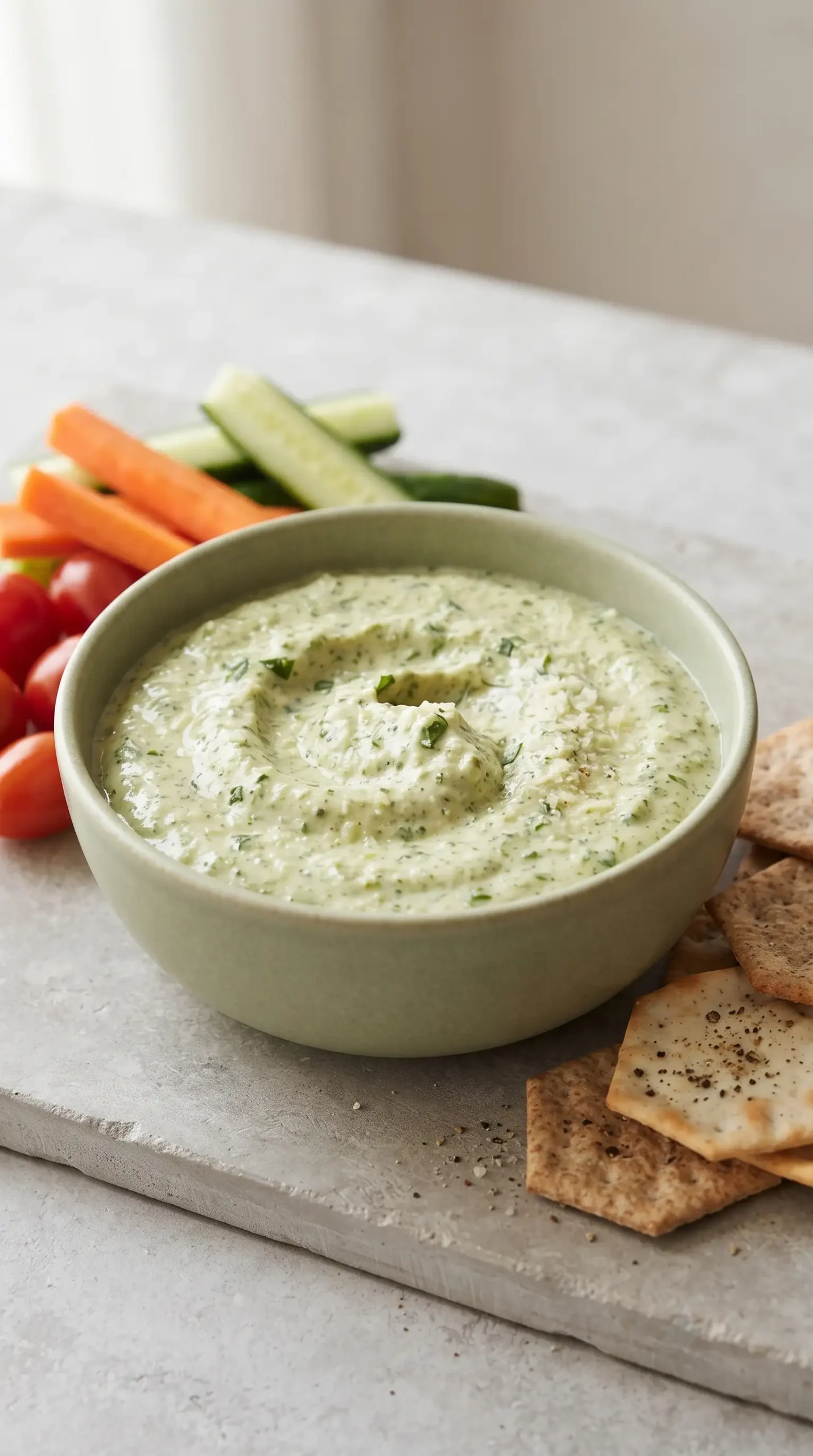 Creamy basil dip served with crackers and vegetables for dipping