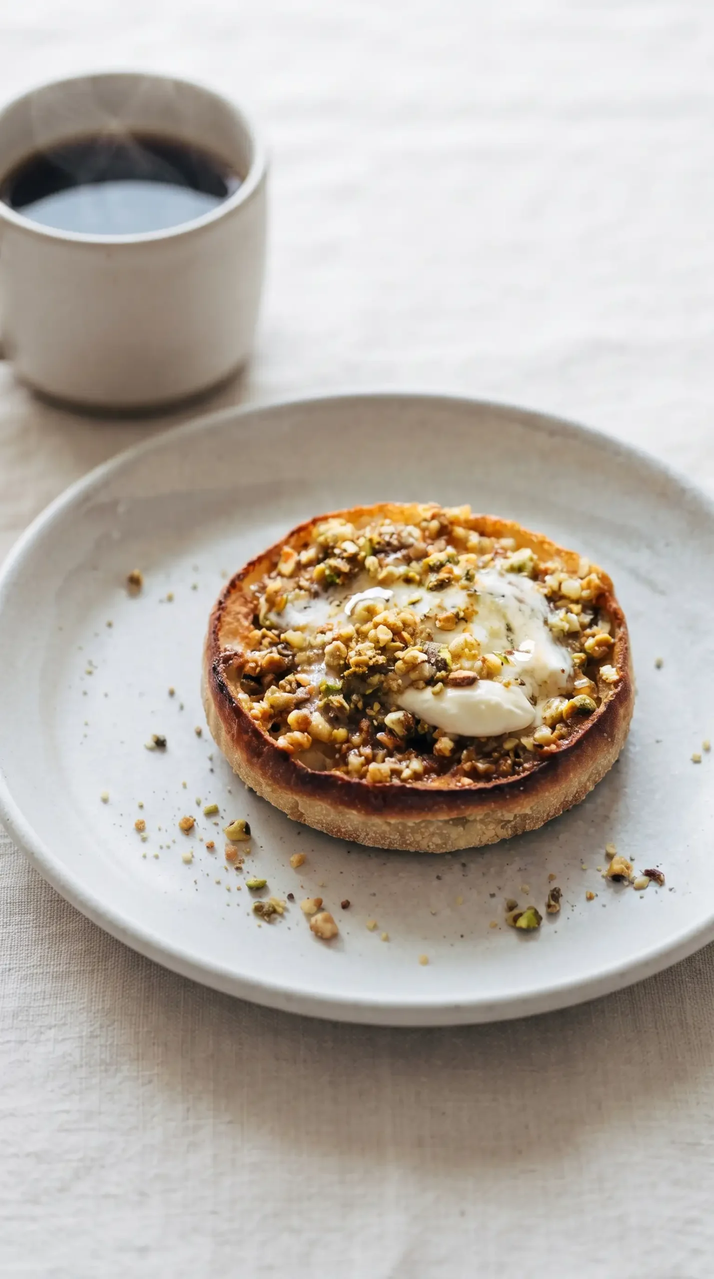 Finished English muffin baklava with mascarpone, nuts, honey, and coffee