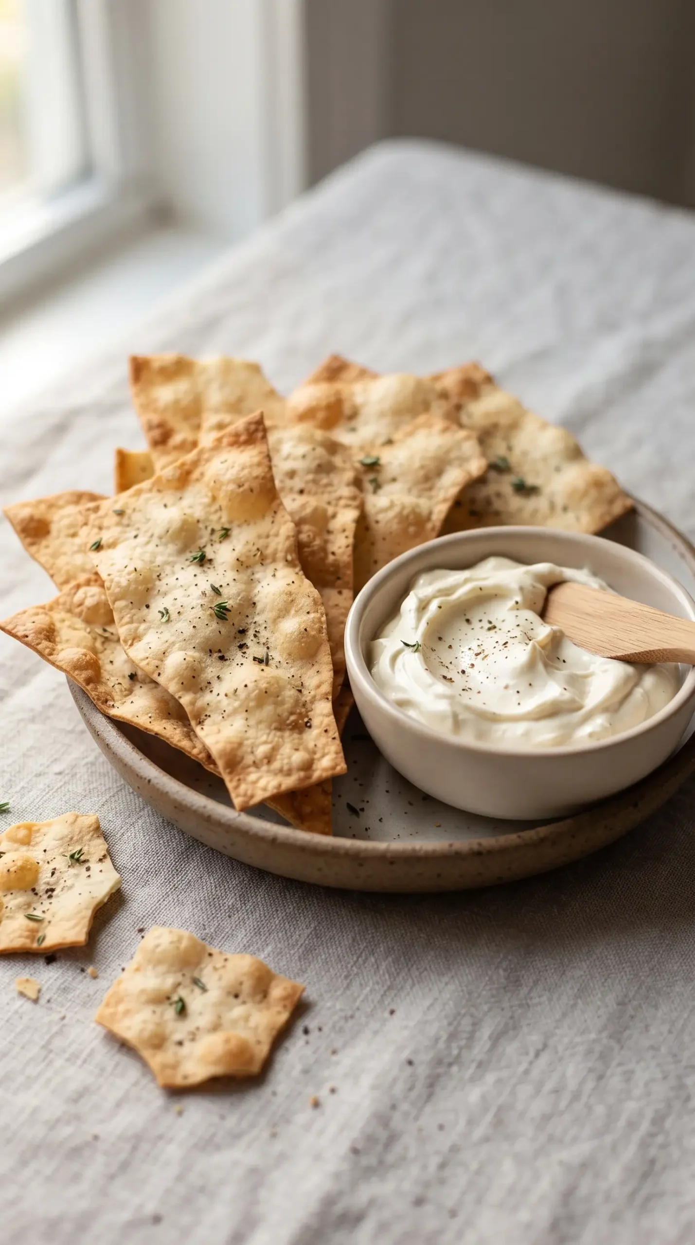 Crisp herb flatbread crackers served with creamy cheese dip