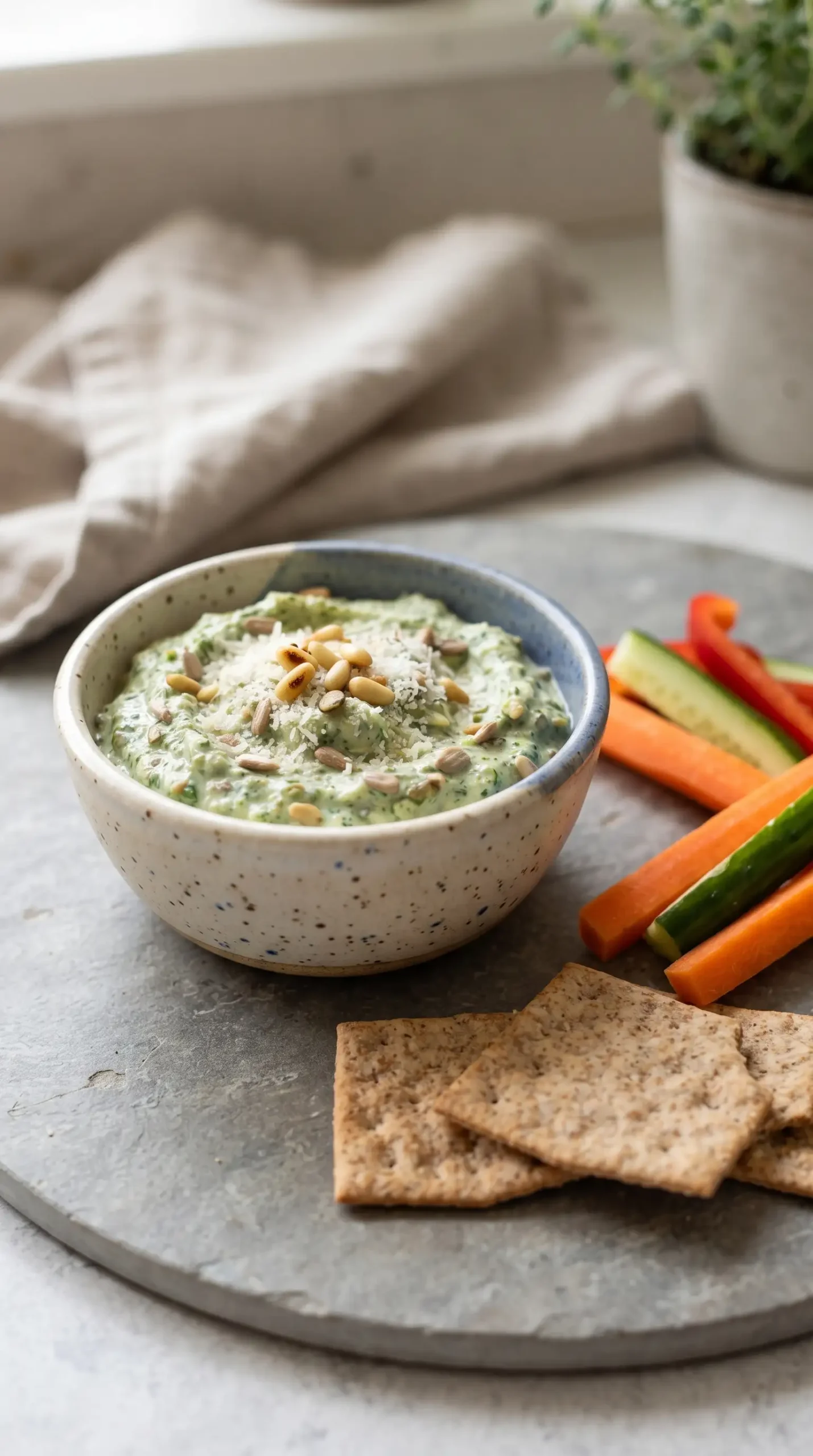 Garlic scape dip served with crackers and vegetable sticks in a bowl