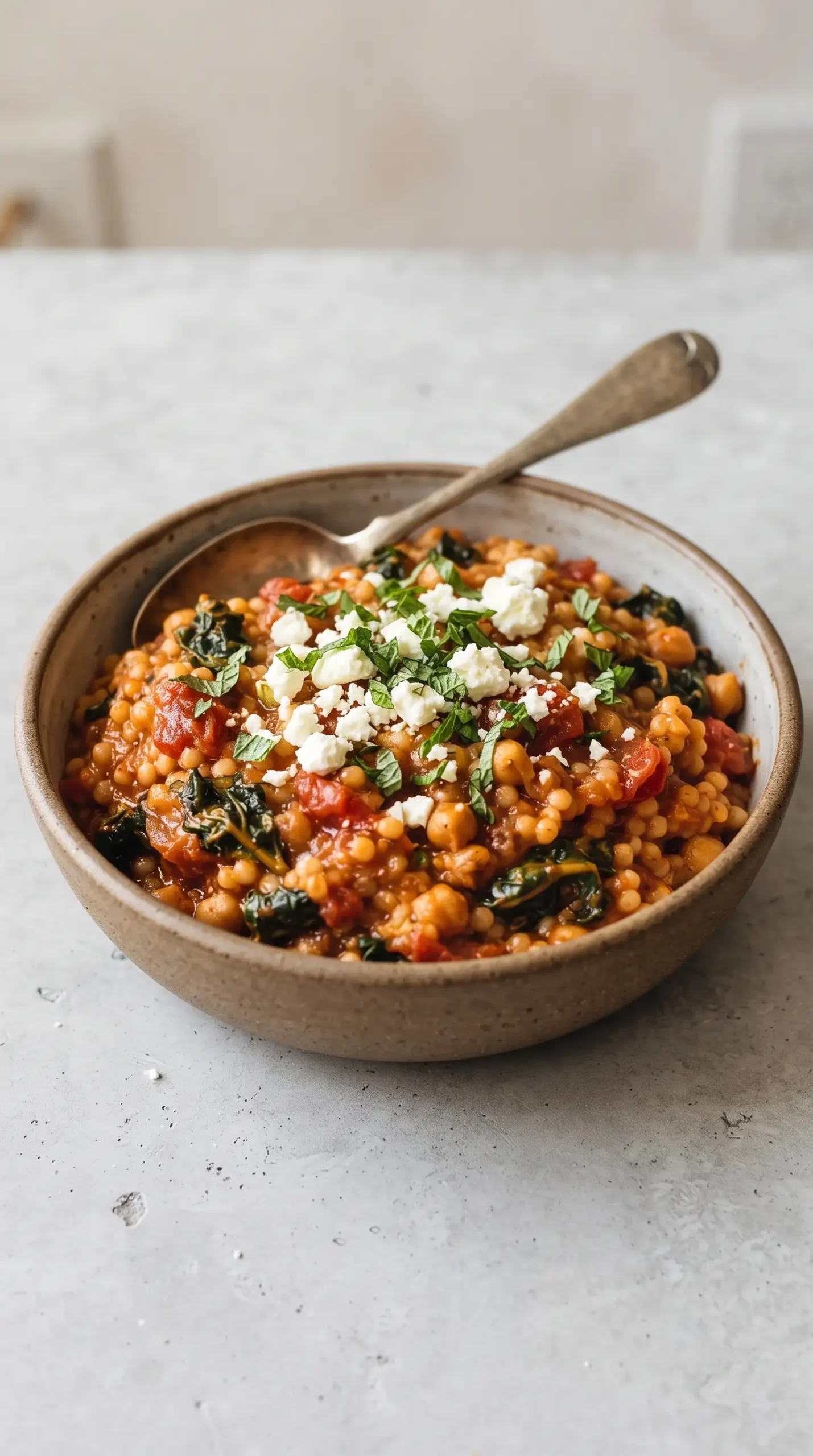 Serving bowl of pearl couscous skillet with tomatoes, chickpeas, kale, and feta