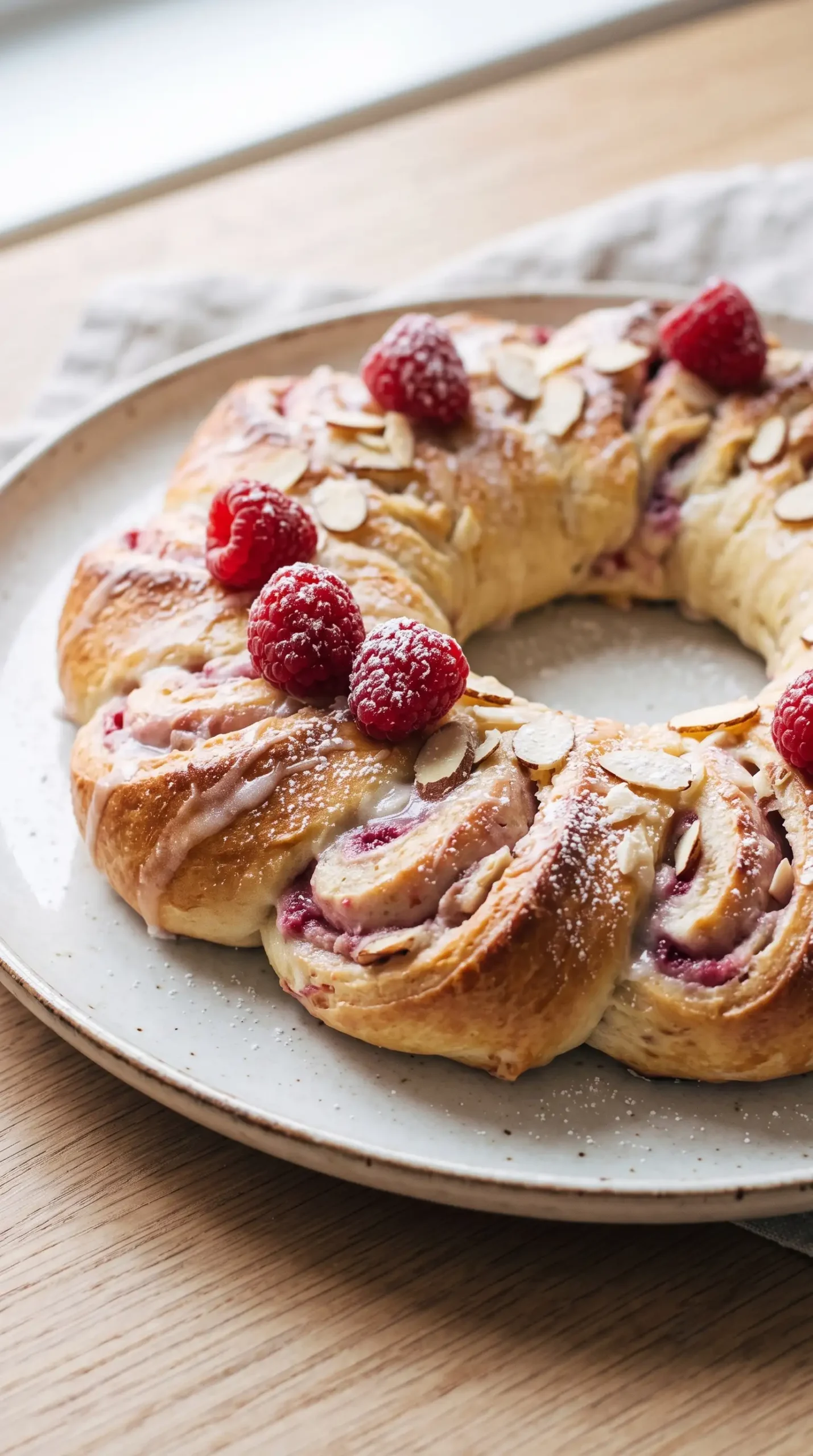 Sliced Christmas tea ring showing raspberry cream cheese swirls and glaze