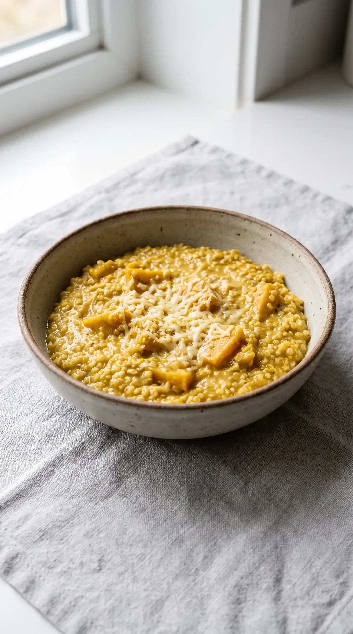 Bowl of creamy squash curry quinoa with coconut sauce, squash, and cheese