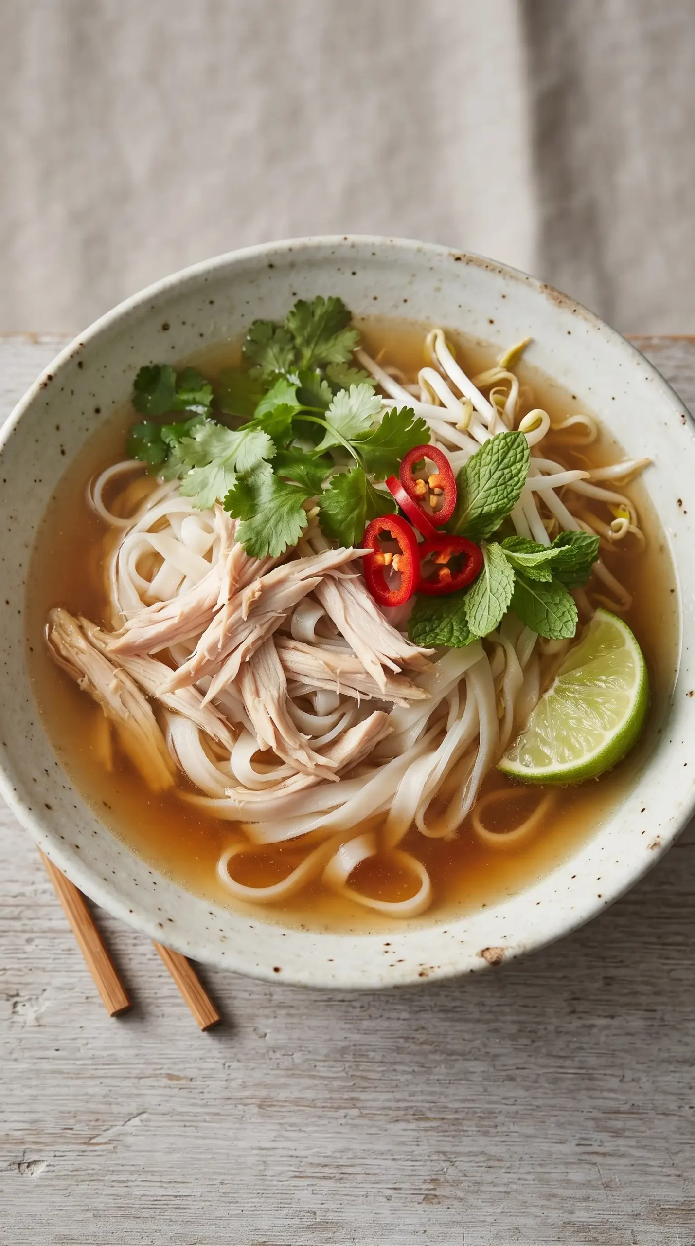 Serving bowl of turkey noodle soup with rice noodles, shredded turkey, herbs, and clear broth