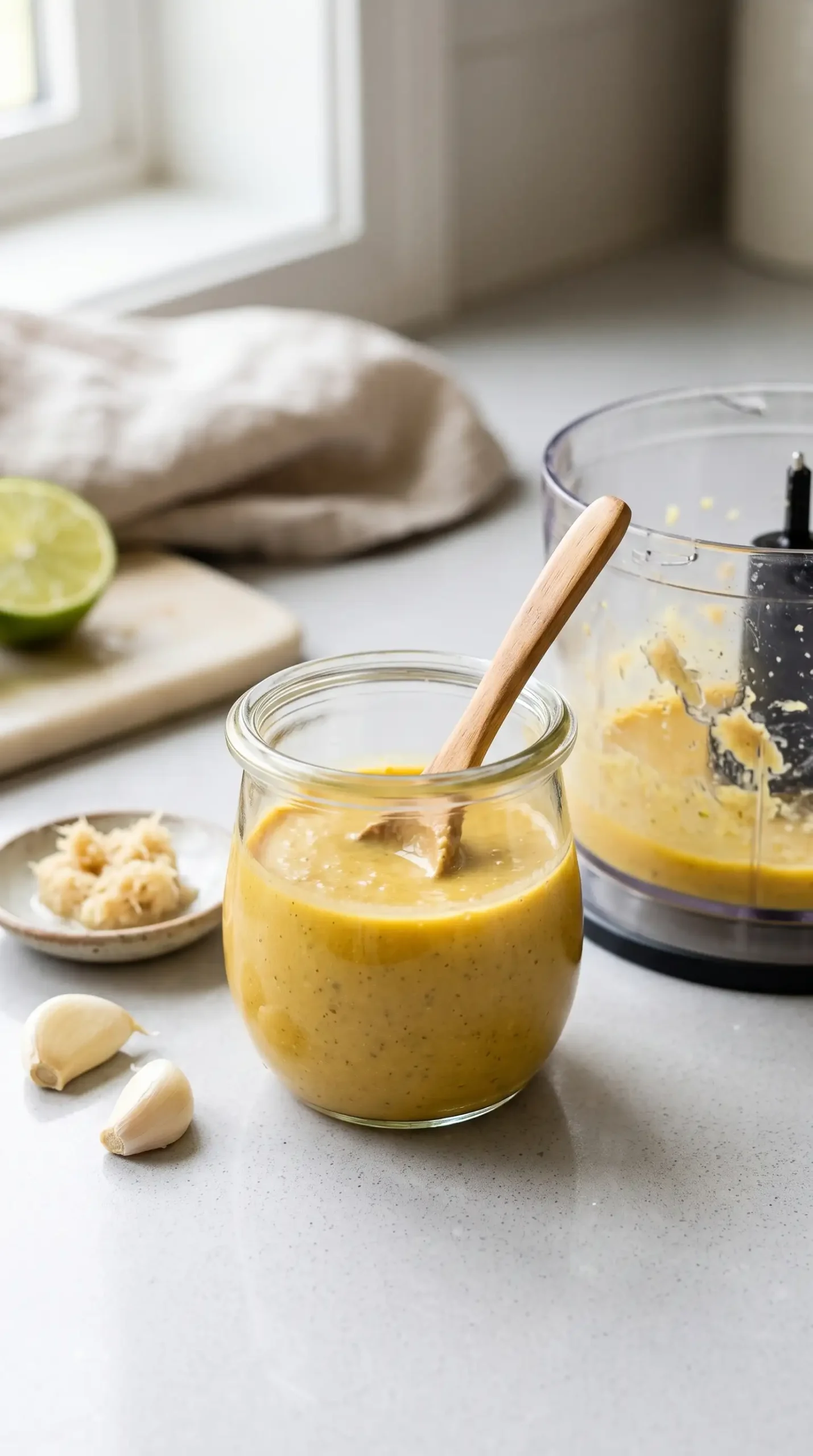 Bowl of sesame garlic dressing with garlic, soy sauce, lime, and lemongrass ingredients
