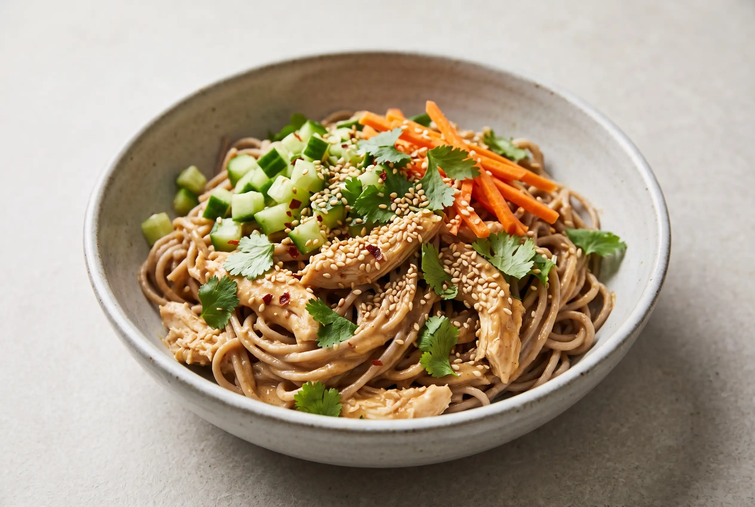 Sesame Noodle Bowls with Chicken Sesame noodle bowls with chicken, soba noodles, vegetables, and peanut sesame sauce in a ceramic bowl