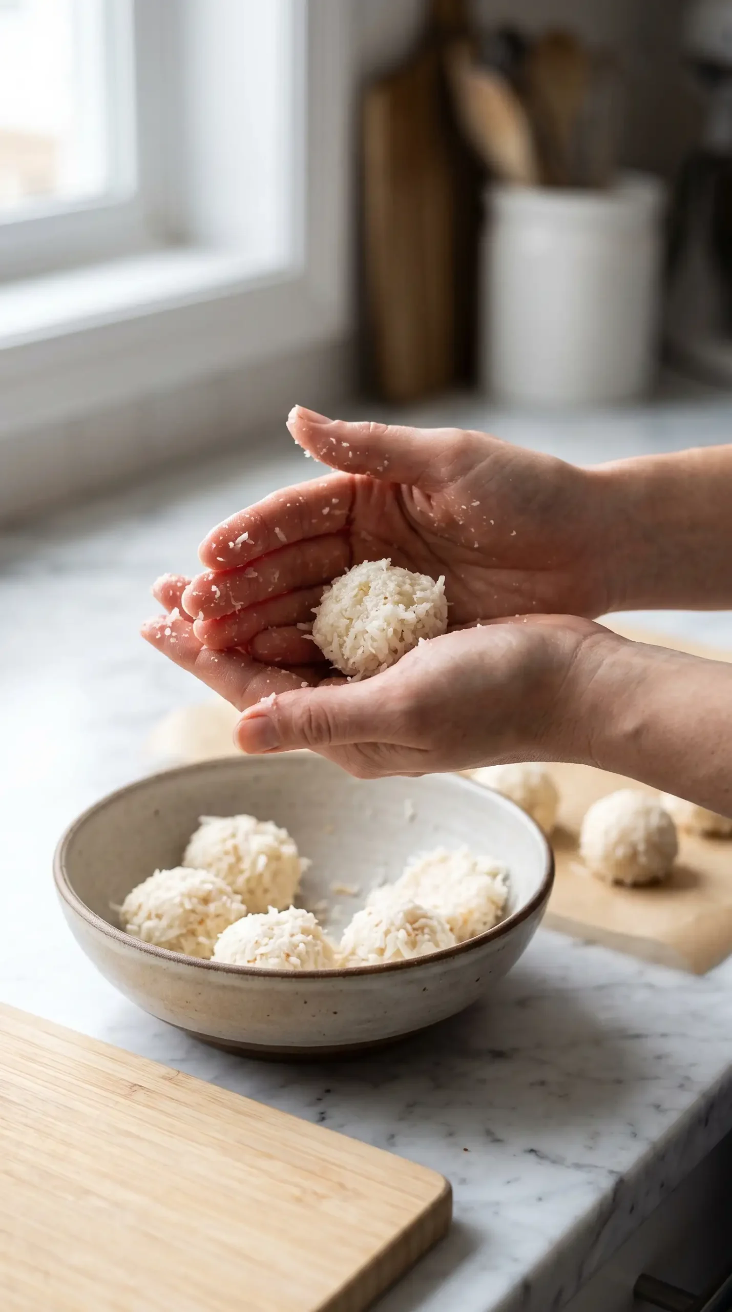 Hands shaping the coconut mixture into round bites before coating with chocolate