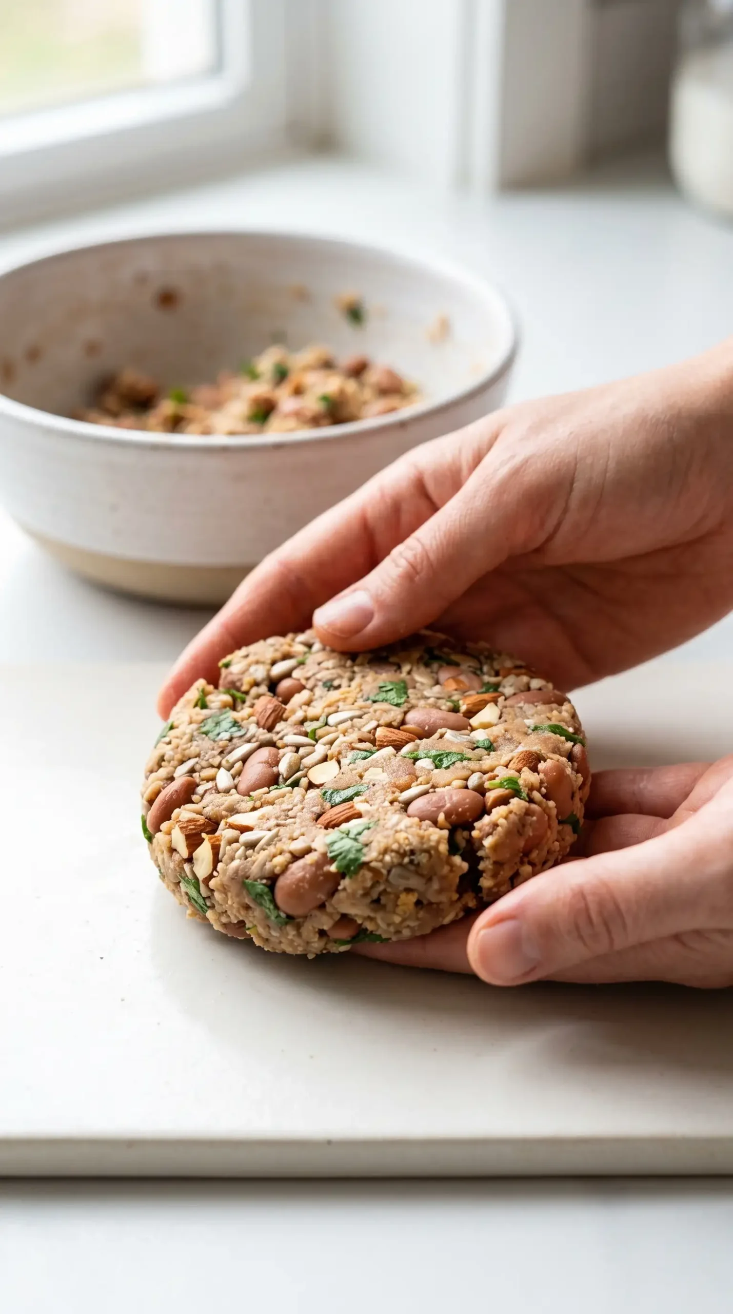 Hands shaping a pinto bean burger patty with nuts, seeds, cilantro, and breadcrumbs