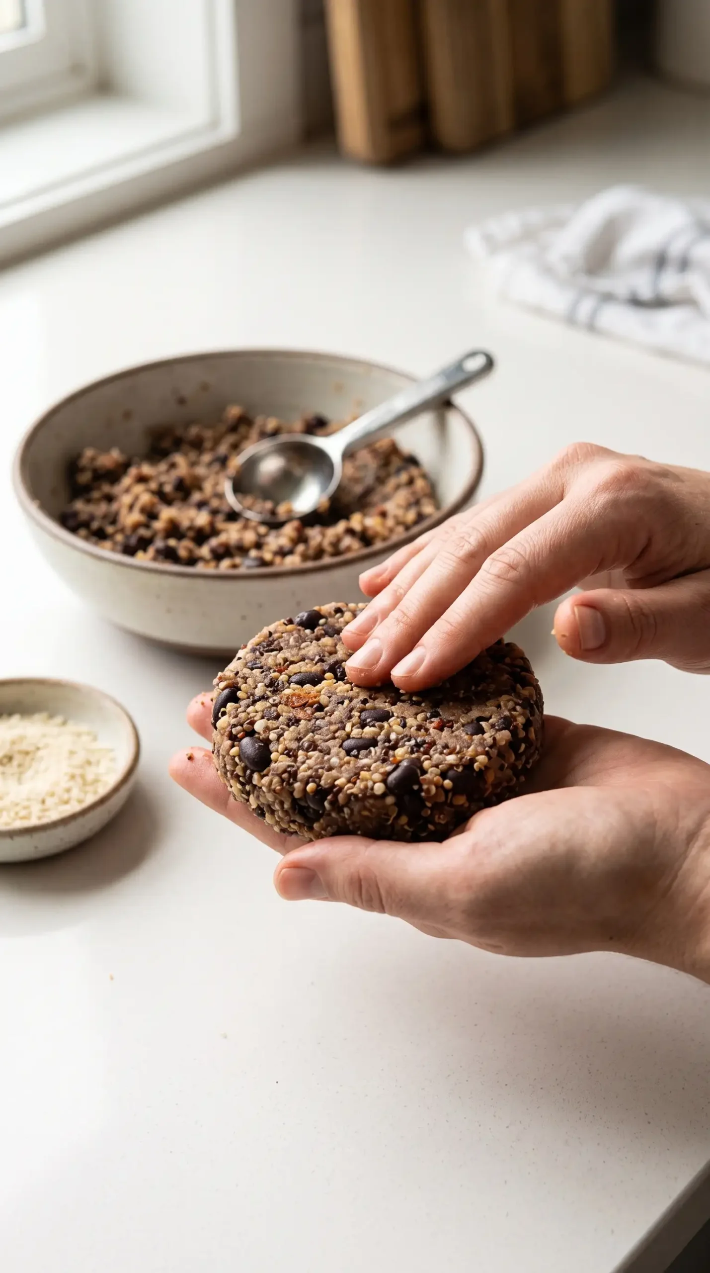 Hands shaping a quinoa and black bean burger patty mixture before cooking