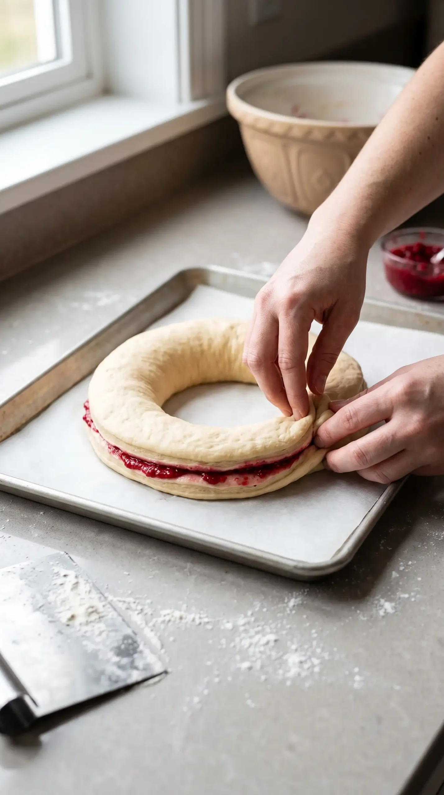 Professional close-up food photography of the shaping stage of a Christmas tea ring, showing one filled dough log on a lightly floured neutral countertop being gently formed into a circle on a baking sheet. The soft yeast dough should show the raspberry cream cheese filling contained inside the rolled layers, with the baker's hands carefully pinching the ends together to create the ring shape. Include only the necessary baking tools and a small amount of flour for the process. Realistic natural lighting, authentic dough texture, focused preparation moment, no finished glazed pastry, no rustic wood background, no dramatic motion effects.