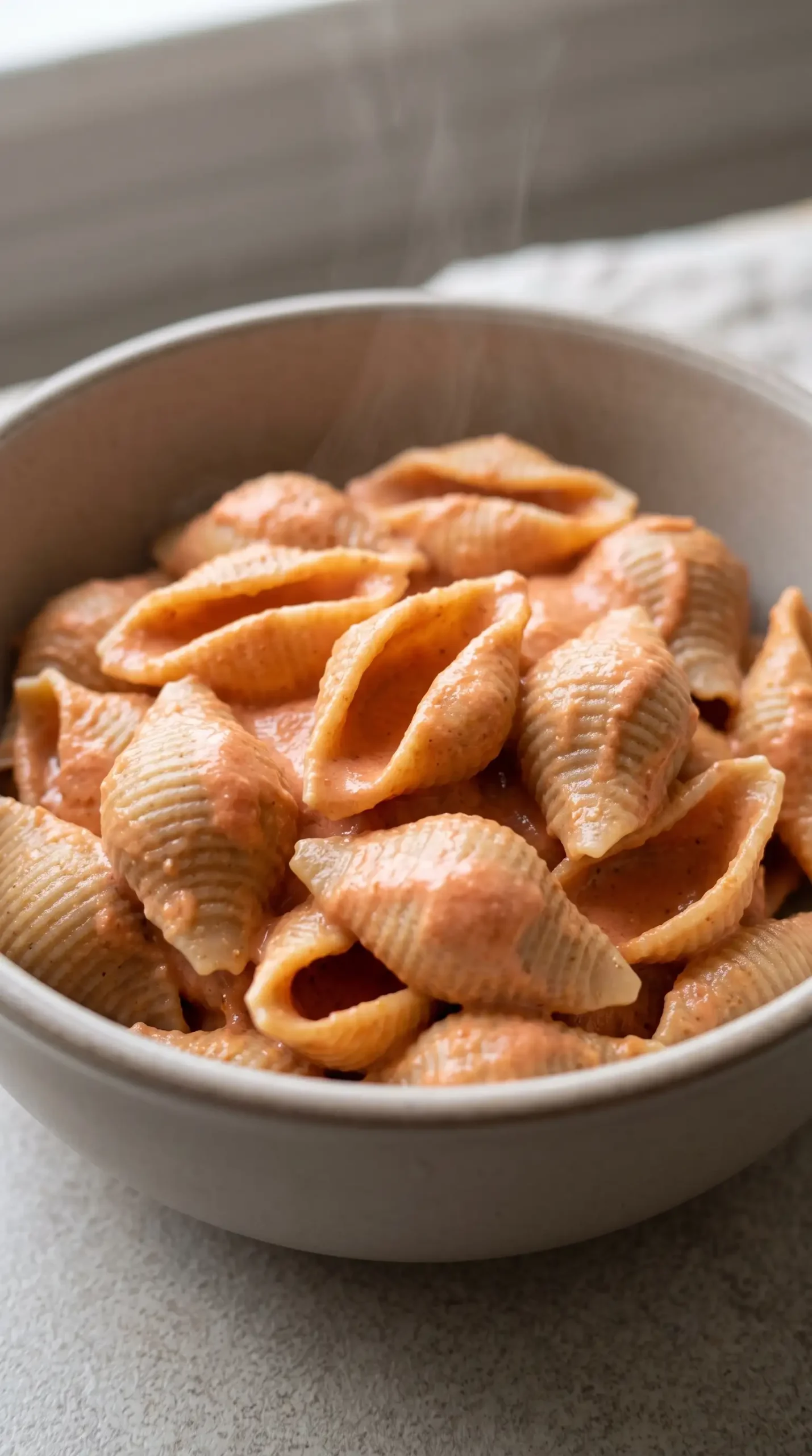 Shell pasta coated with creamy tomato sauce showing sauce held inside the shells