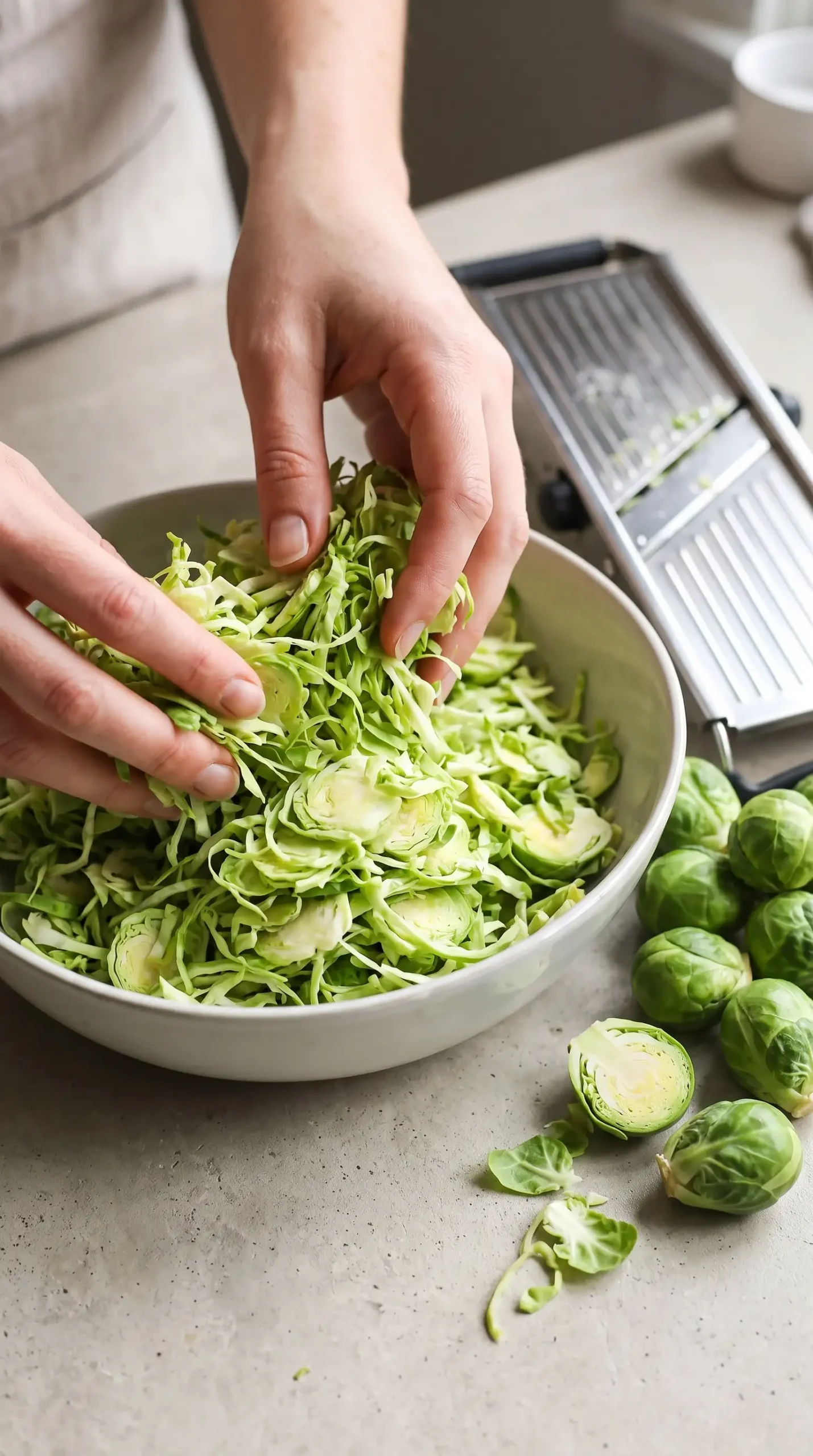Thinly shredded Brussels sprouts being prepared for a fresh salad with a mandoline slicer
