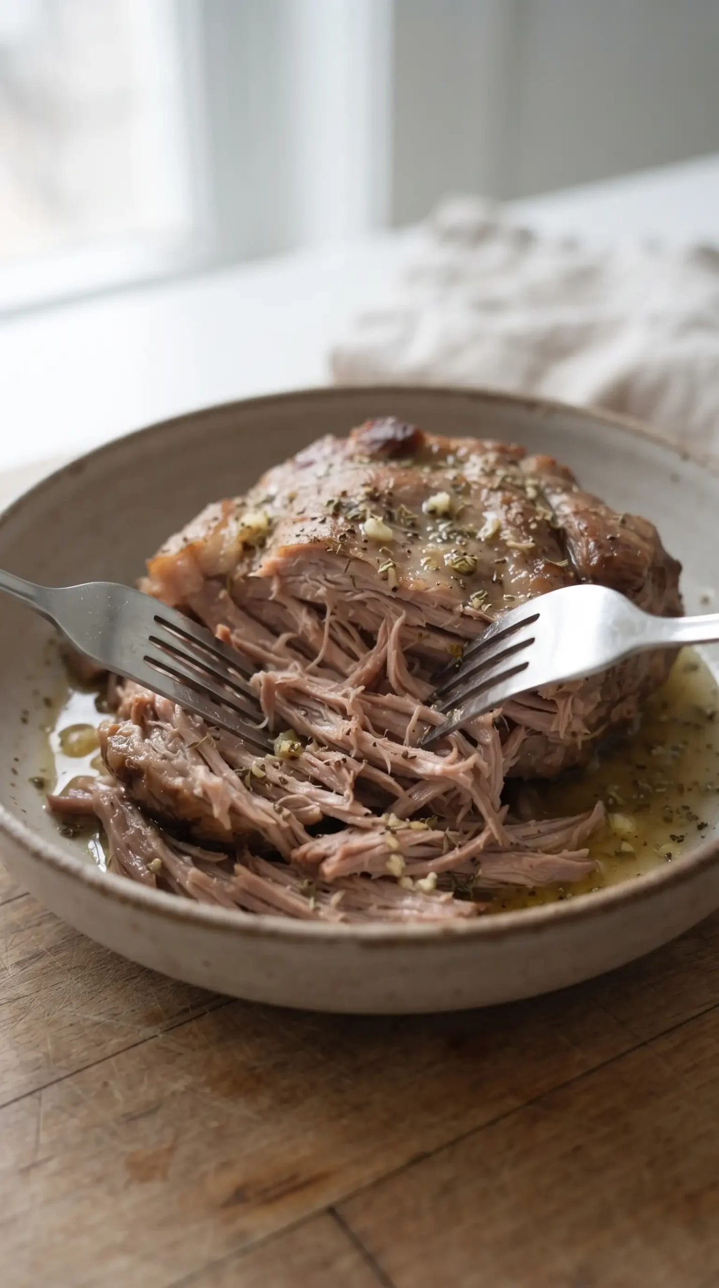 Tender shredded pork shoulder being prepared for Greek pork pitas