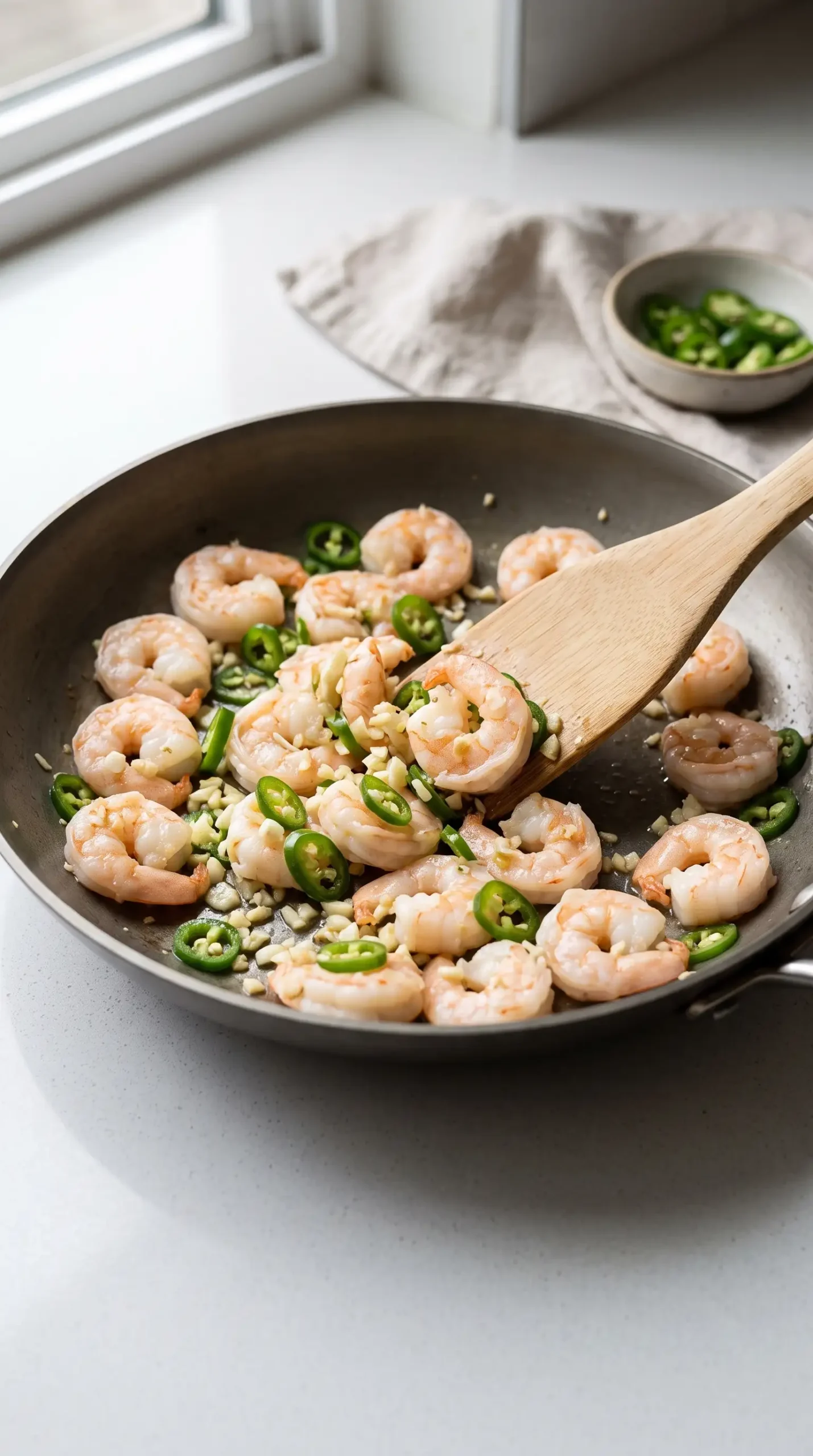 Shrimp cooking with garlic and serrano pepper in a skillet for Thai shrimp salad