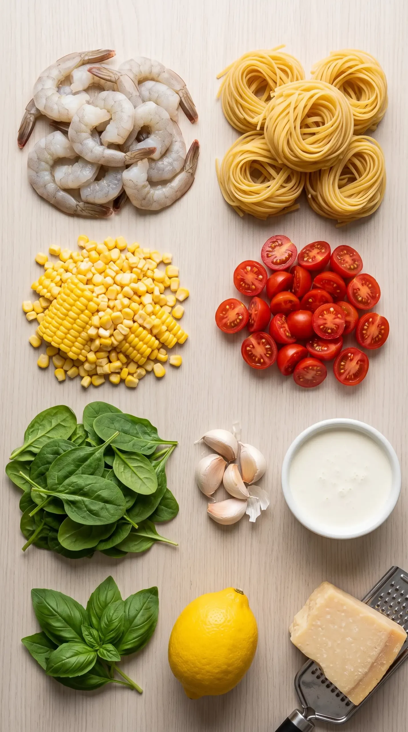 Ingredients for shrimp pasta with shrimp, linguine, corn, tomatoes, spinach, cream, and Parmesan