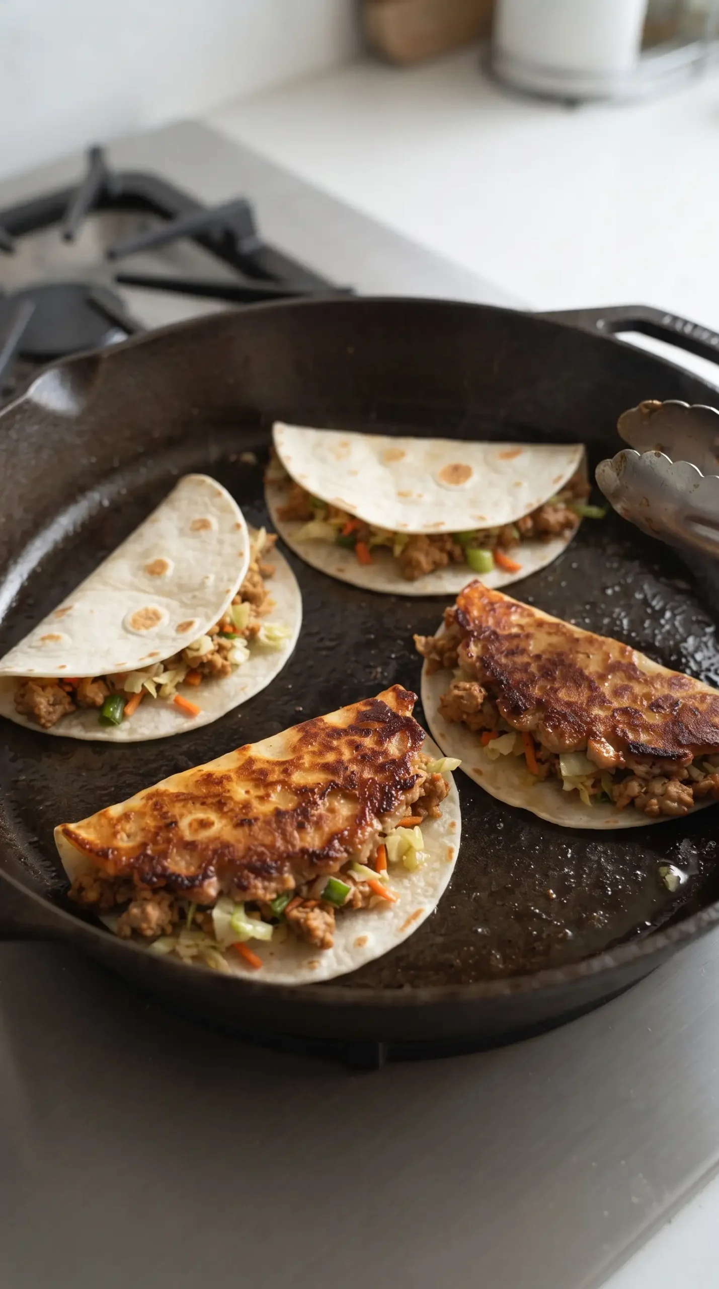 Egg roll taco filling browning with tortillas in a skillet