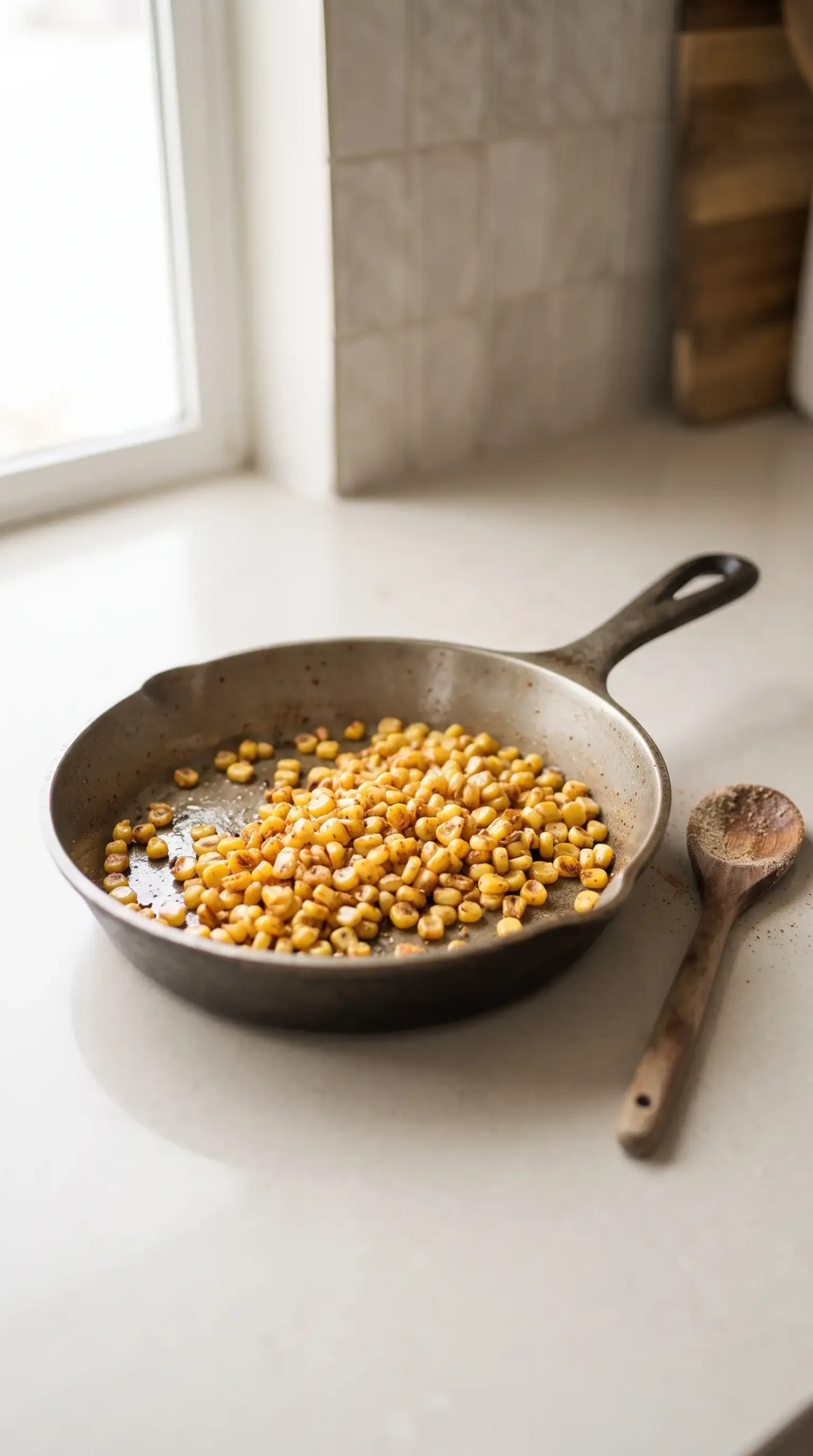 Sweet corn kernels browning with cumin and chili powder in a skillet