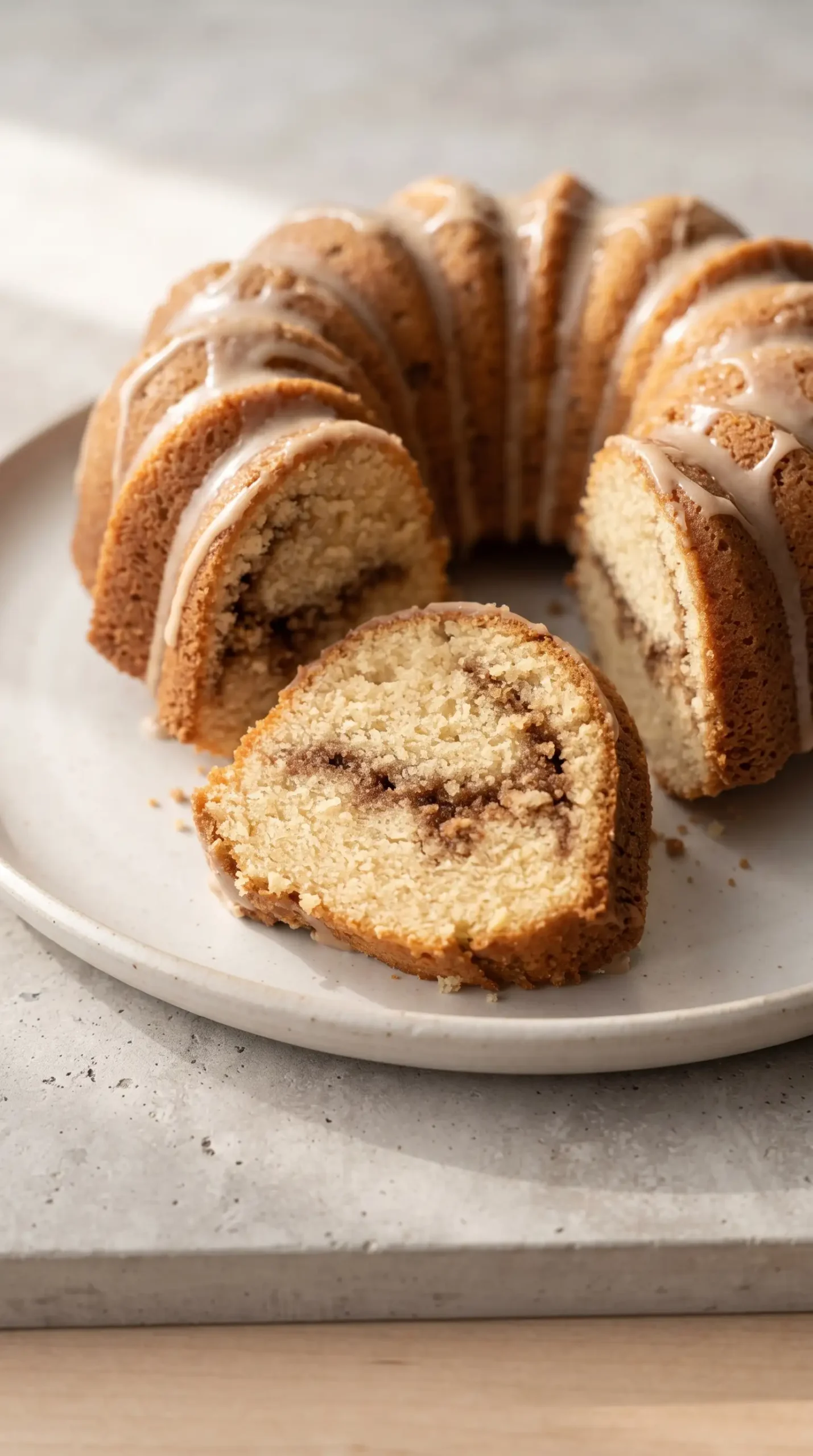 Sliced coffee streusel Bundt cake showing brown sugar filling and glaze