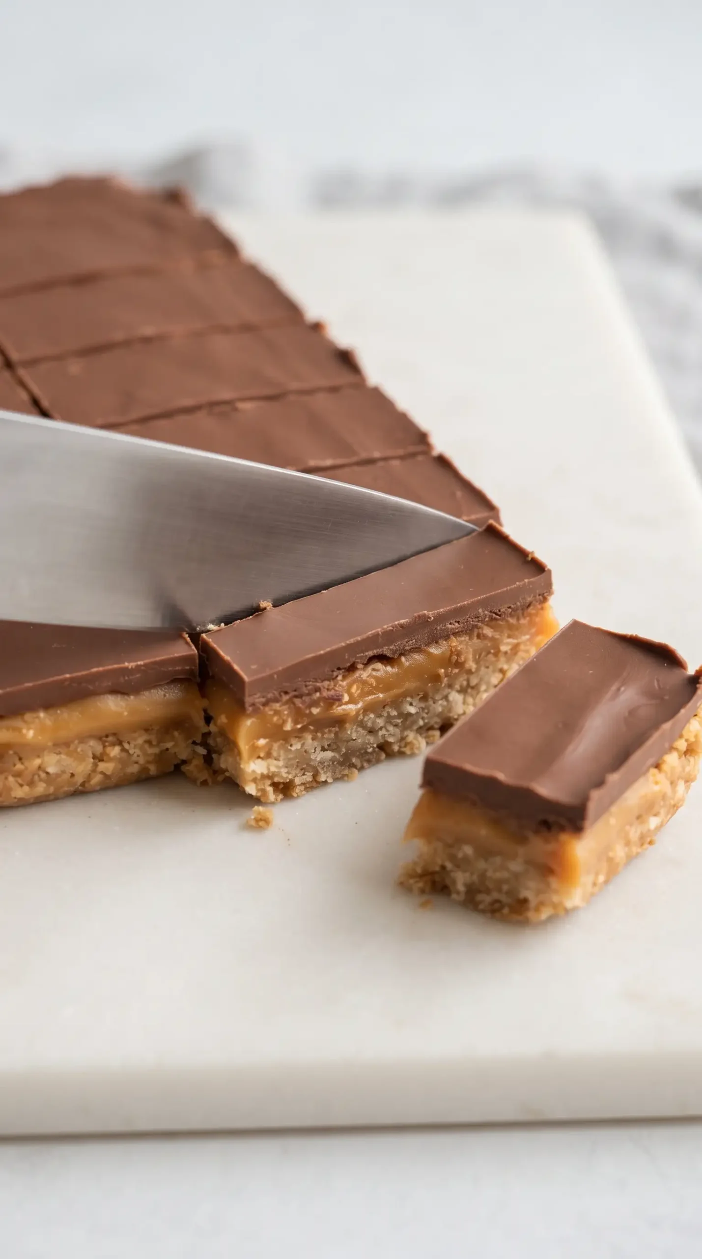 Chilled coconut dulce de leche bars being sliced to reveal layered dessert texture