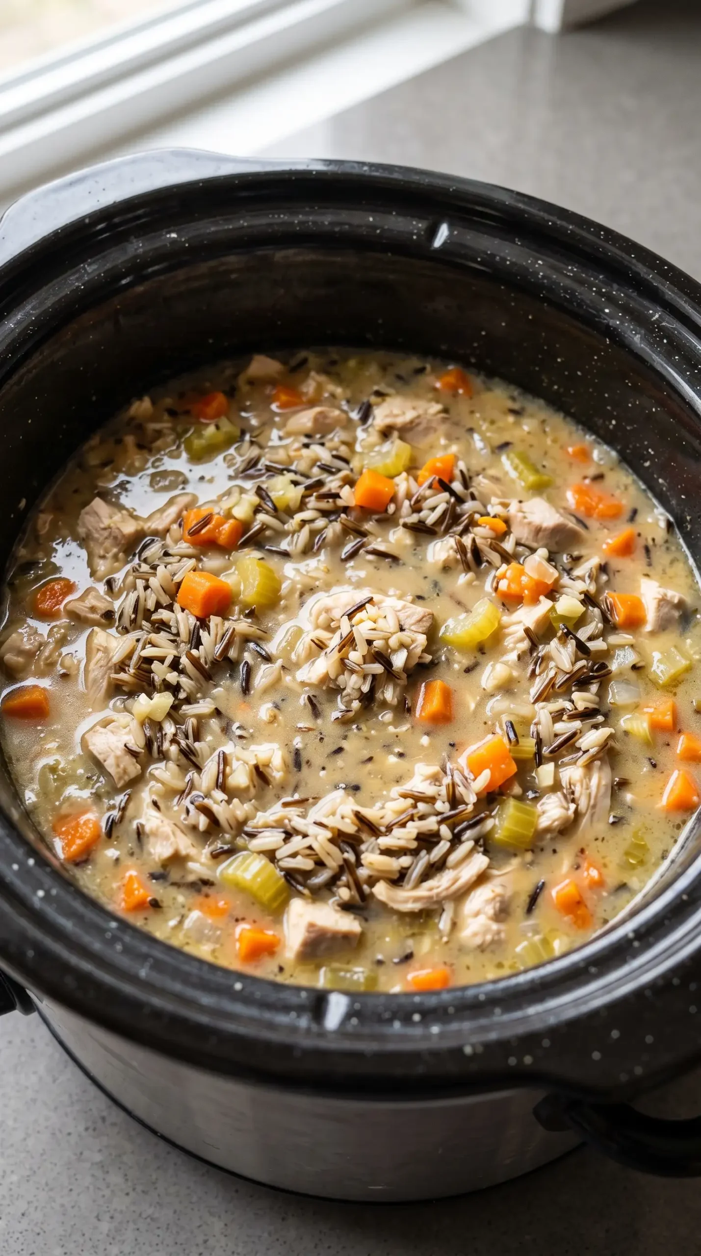 Slow cooker chicken wild rice soup with chicken, rice, carrots, celery, and onions