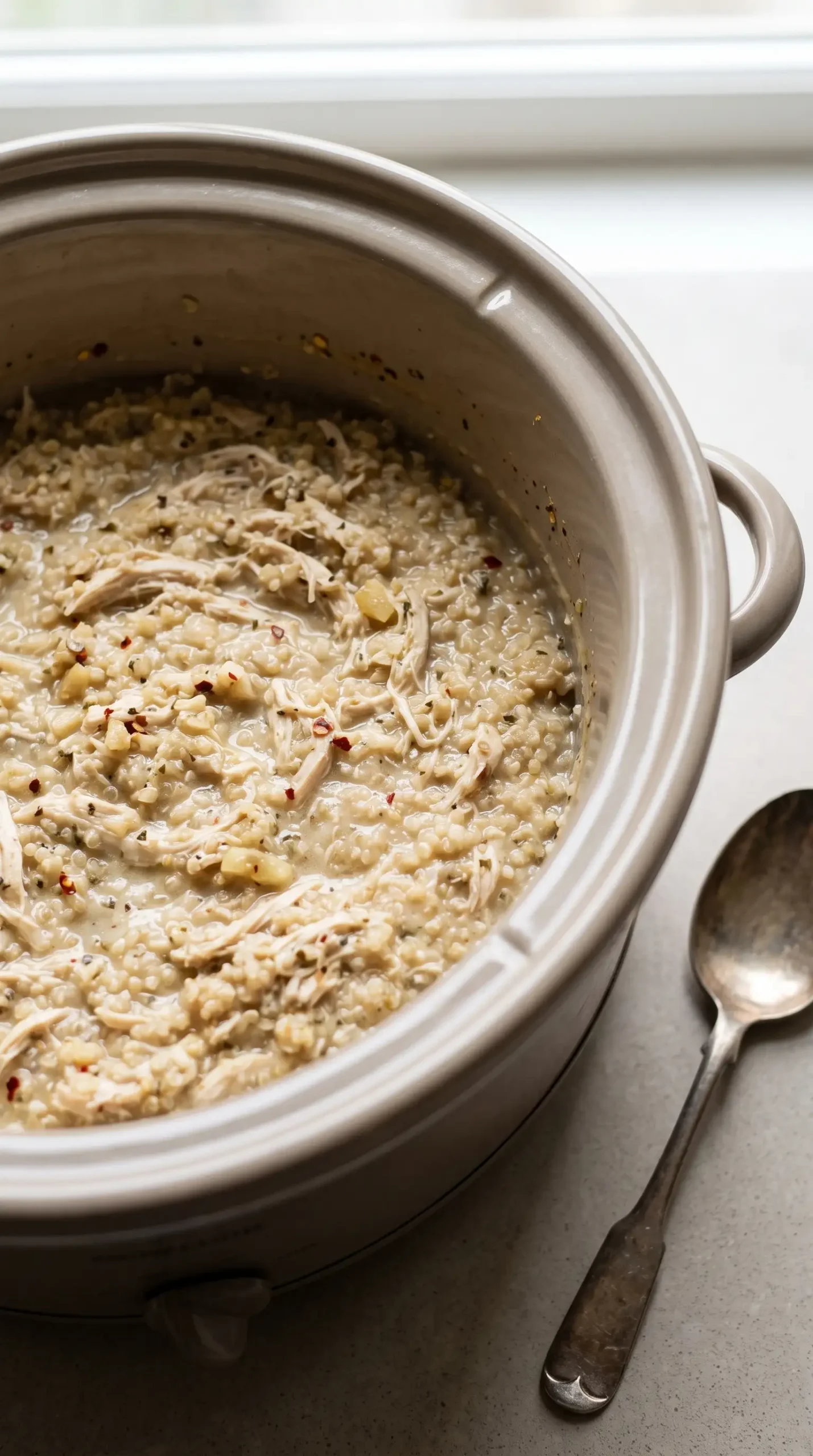Creamy quinoa and shredded chicken cooking in a slow cooker before adding pesto and vegetables